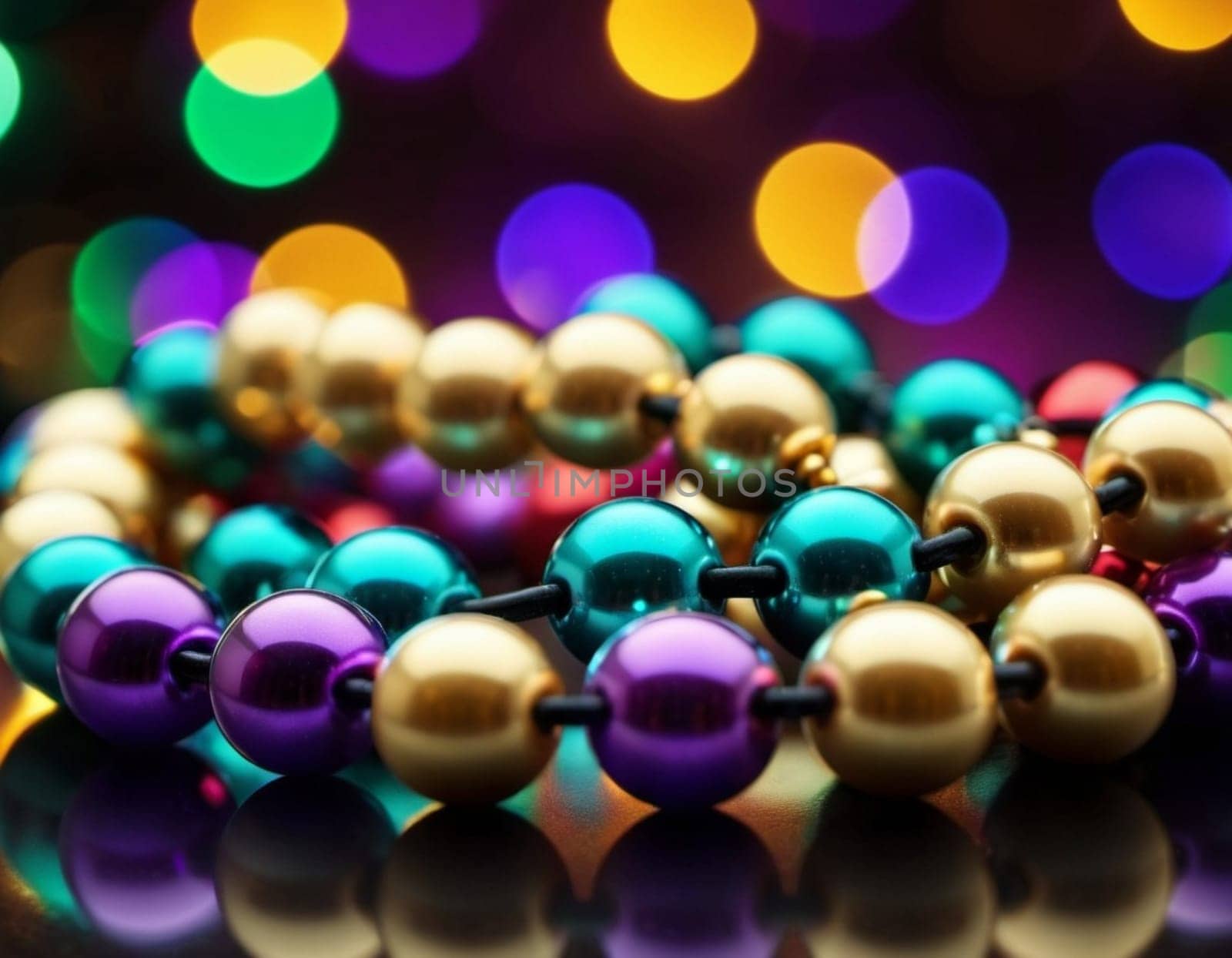 Colorful beads in purple, green, and gold create a festive atmosphere as they lay against a shimmering bokeh backdrop, embodying the joyful spirit of Mardi Gras festivities in New Orleans.