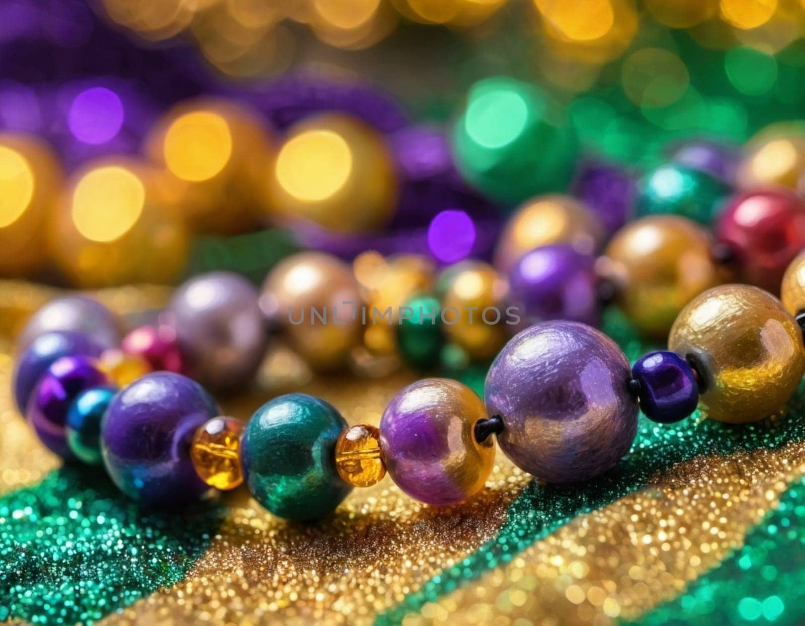 Colorful beads in purple, green, and gold create a festive atmosphere as they lay against a shimmering bokeh backdrop, embodying the joyful spirit of Mardi Gras festivities in New Orleans.
