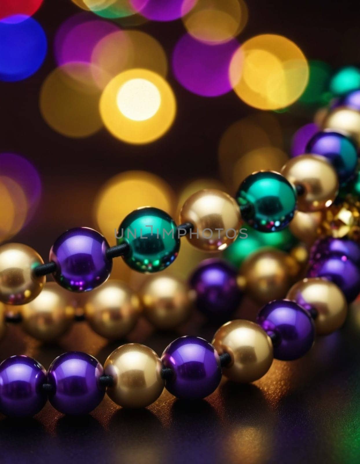 Colorful beads in purple, green, and gold create a festive atmosphere as they lay against a shimmering bokeh backdrop, embodying the joyful spirit of Mardi Gras festivities in New Orleans.
