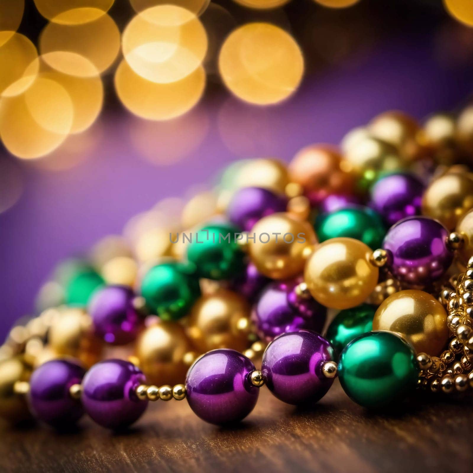Colorful beads in purple, green, and gold create a festive atmosphere as they lay against a shimmering bokeh backdrop, embodying the joyful spirit of Mardi Gras festivities in New Orleans.