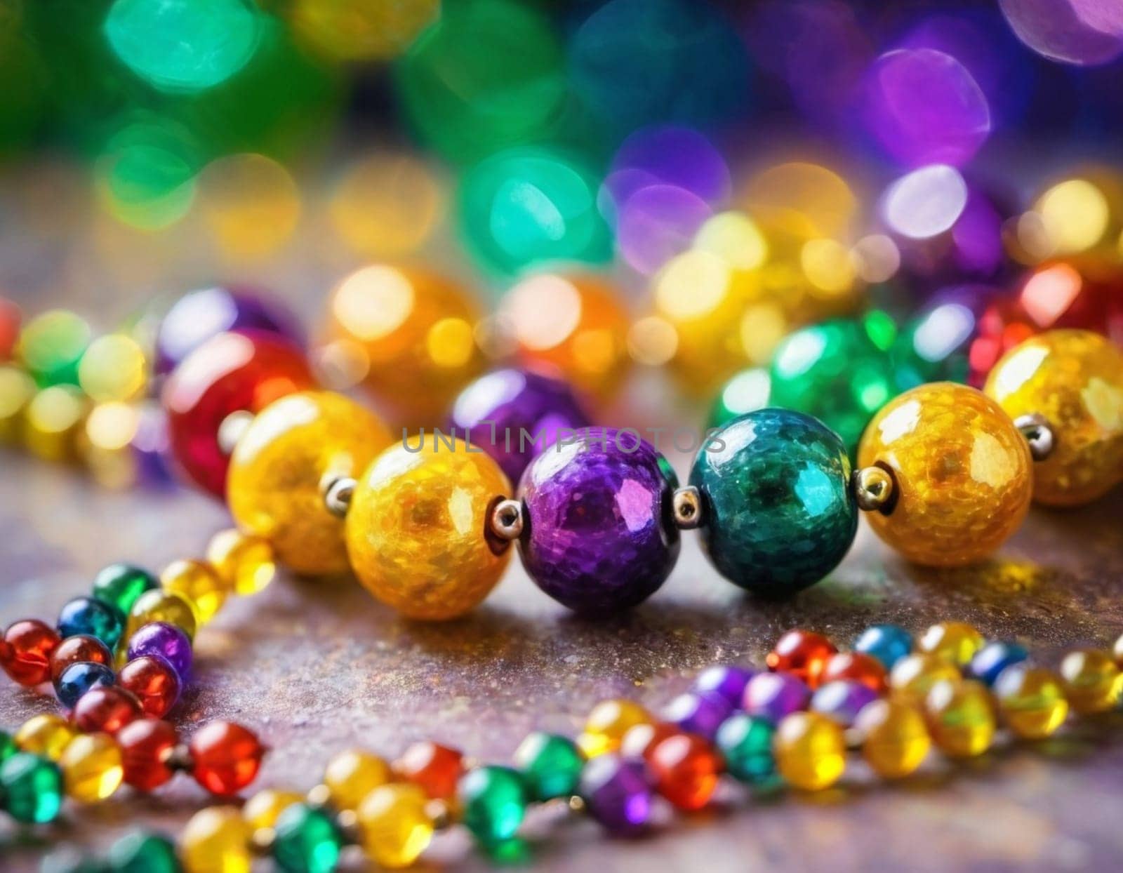 Colorful beads in purple, green, and gold create a festive atmosphere as they lay against a shimmering bokeh backdrop, embodying the joyful spirit of Mardi Gras festivities in New Orleans.