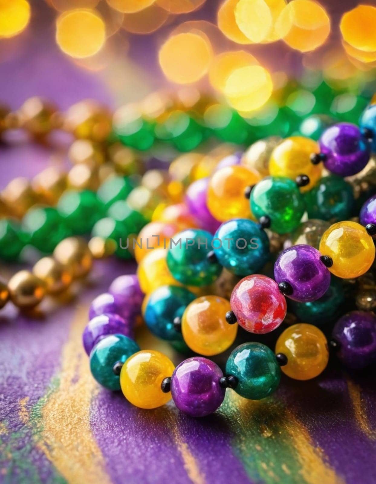 Colorful beads in purple, green, and gold create a festive atmosphere as they lay against a shimmering bokeh backdrop, embodying the joyful spirit of Mardi Gras festivities in New Orleans.