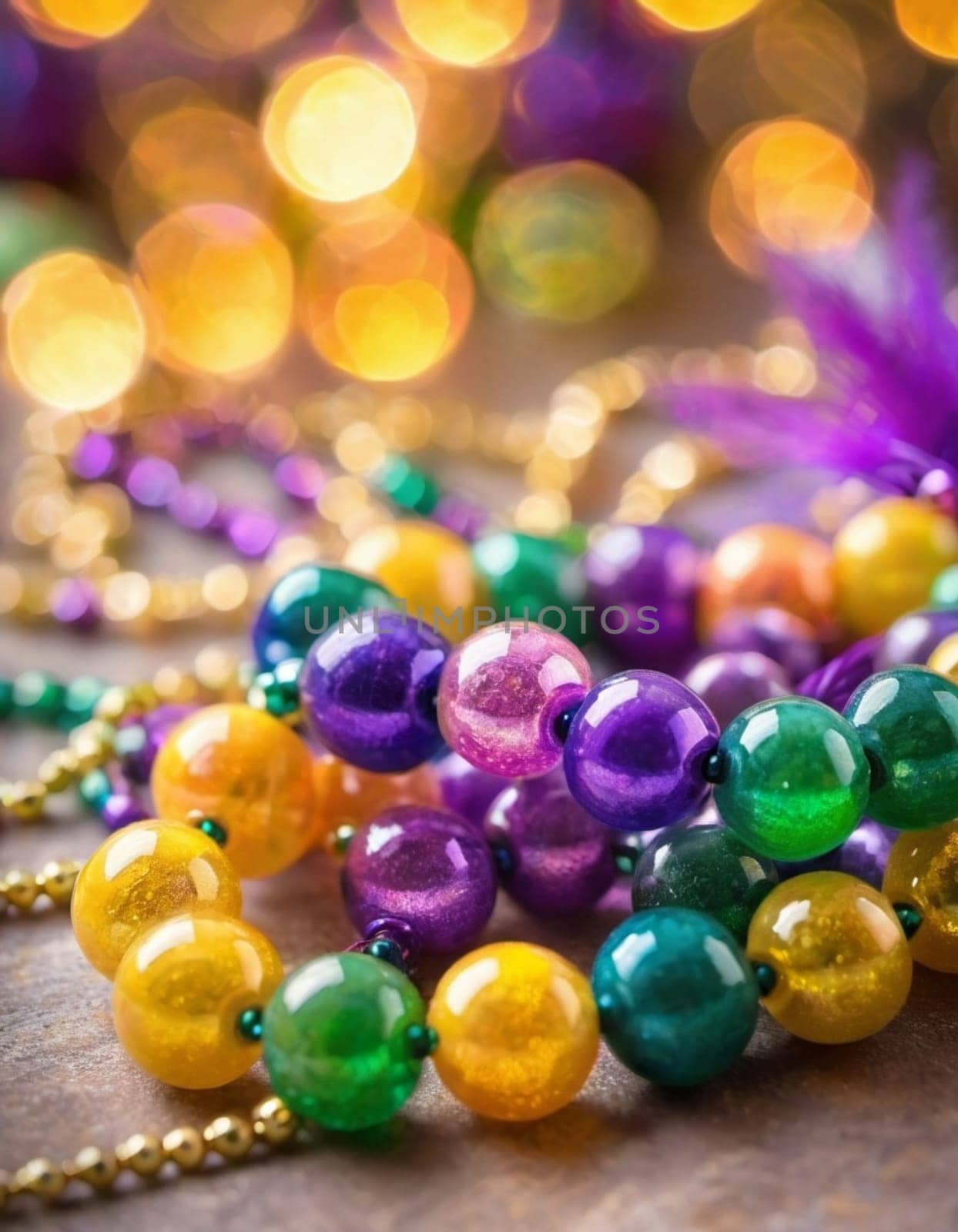Colorful beads in purple, green, and gold create a festive atmosphere as they lay against a shimmering bokeh backdrop, embodying the joyful spirit of Mardi Gras festivities in New Orleans.