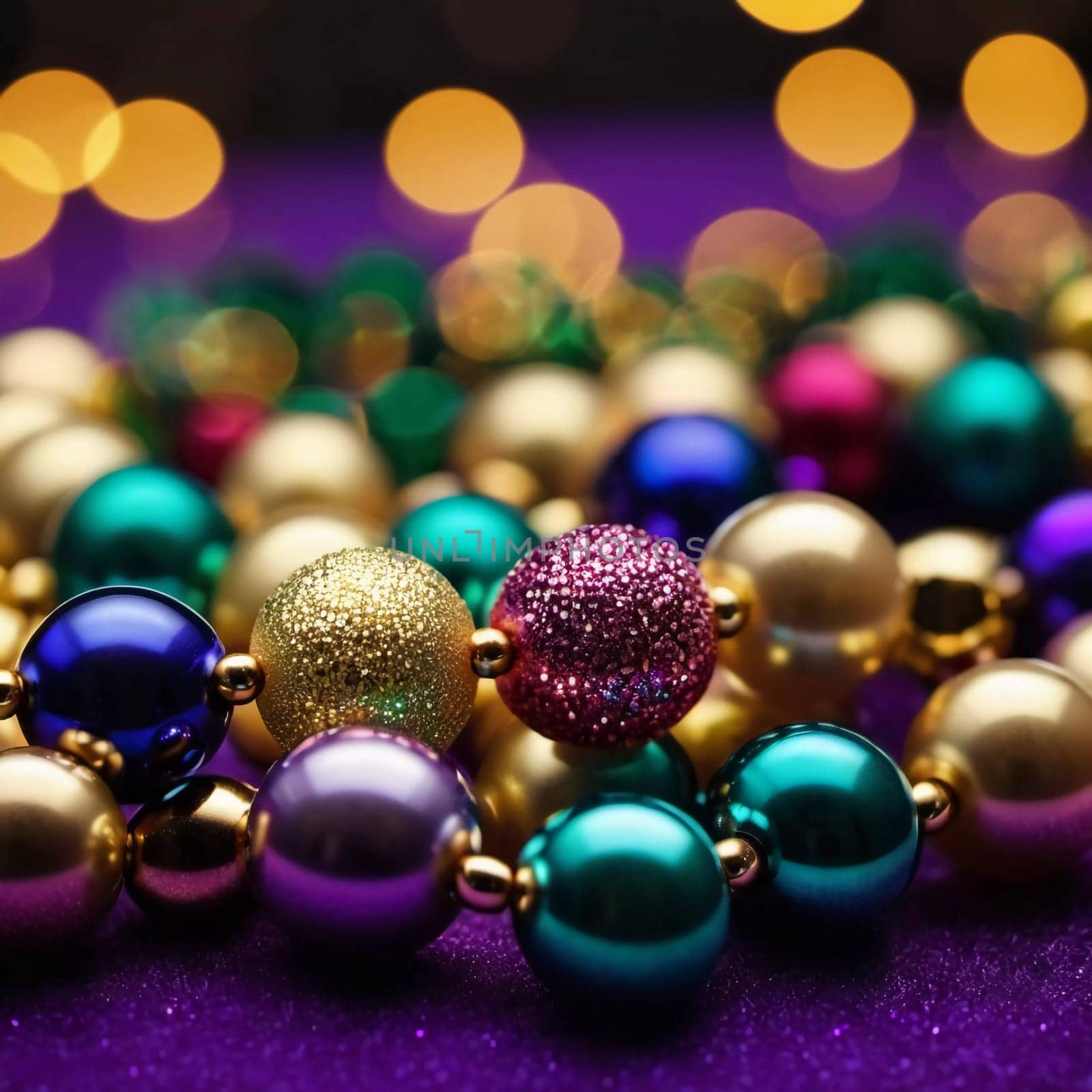 Colorful beads in purple, green, and gold create a festive atmosphere as they lay against a shimmering bokeh backdrop, embodying the joyful spirit of Mardi Gras festivities in New Orleans.