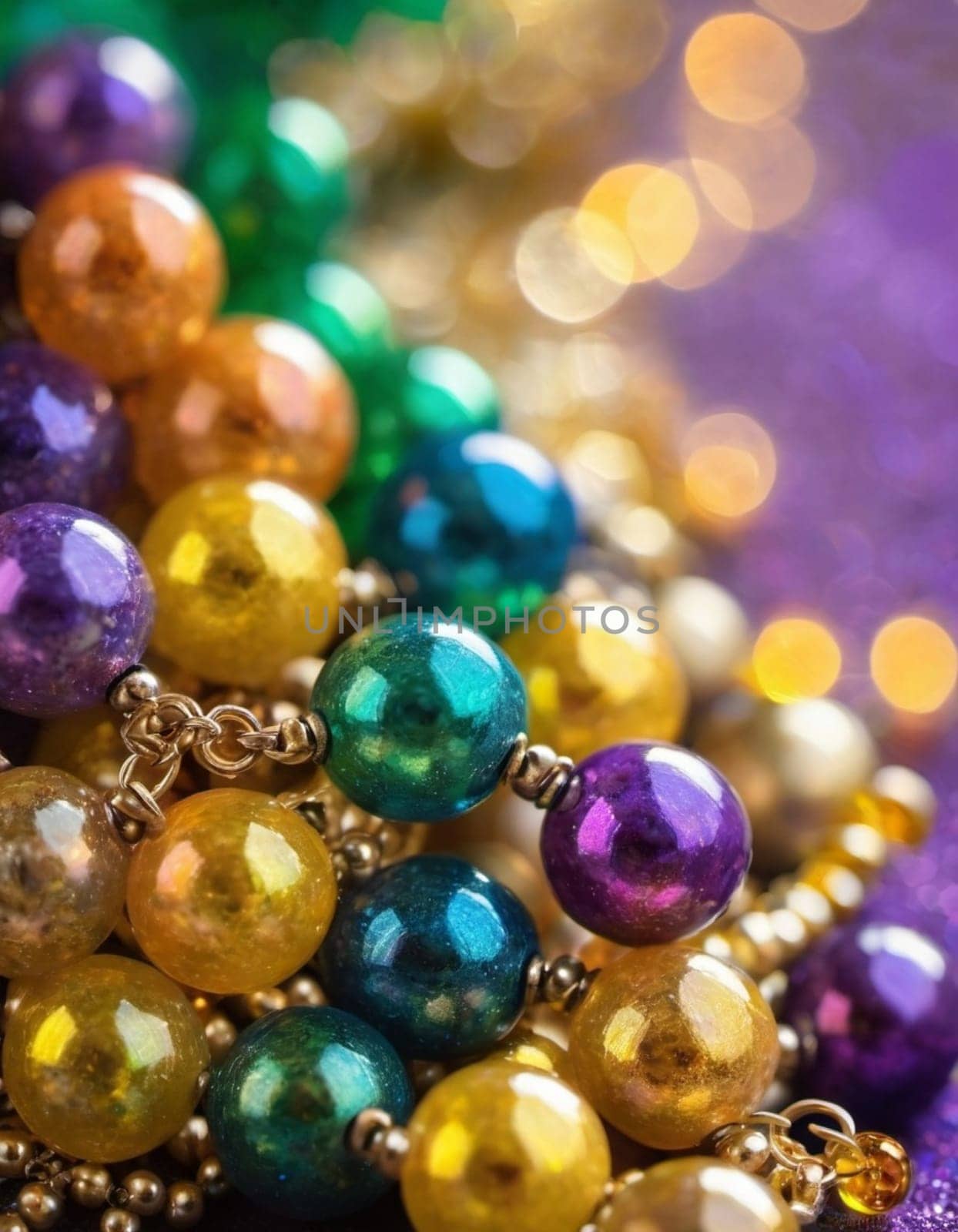 Colorful beads in purple, green, and gold create a festive atmosphere as they lay against a shimmering bokeh backdrop, embodying the joyful spirit of Mardi Gras festivities in New Orleans.