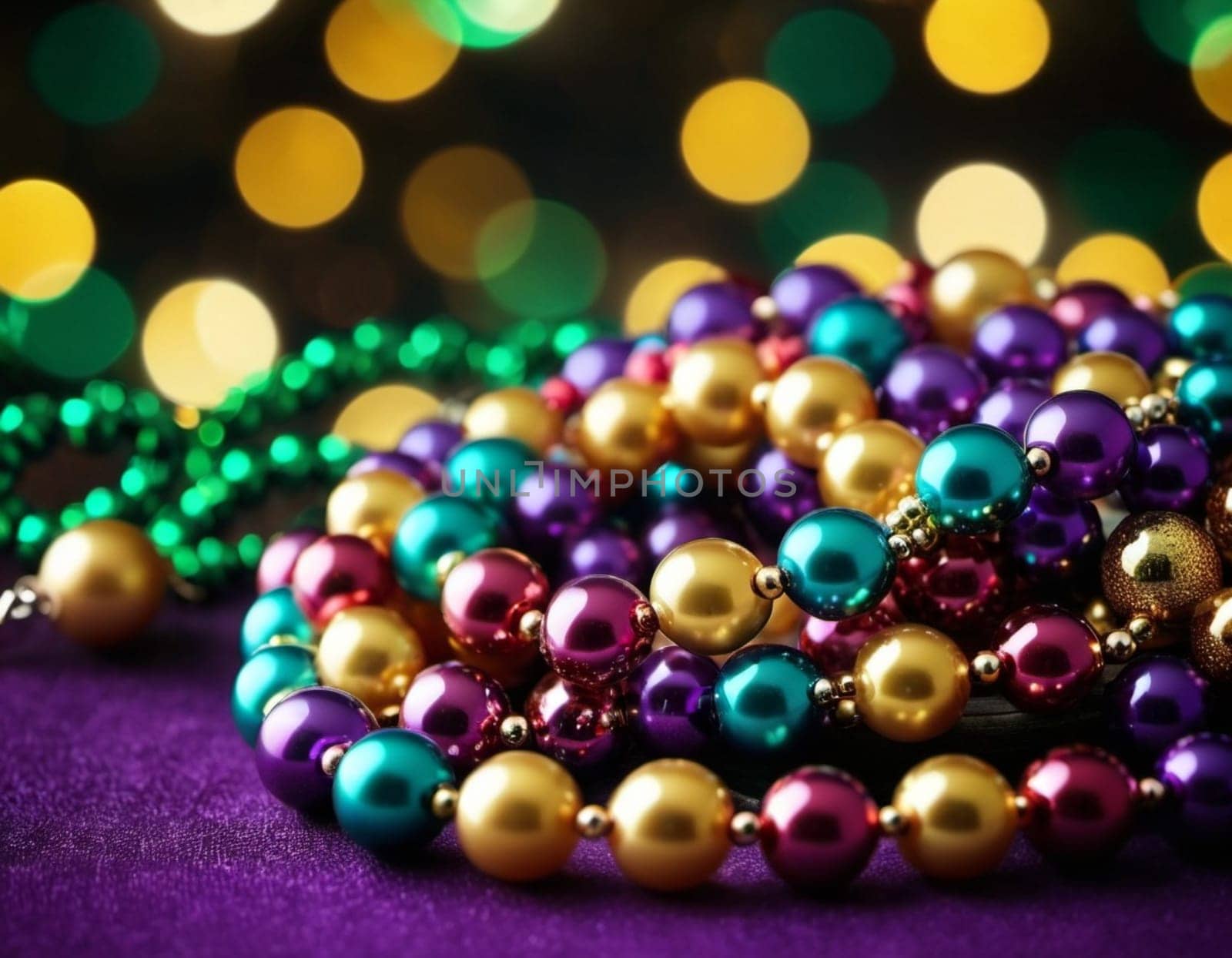 Colorful beads in purple, green, and gold create a festive atmosphere as they lay against a shimmering bokeh backdrop, embodying the joyful spirit of Mardi Gras festivities in New Orleans.