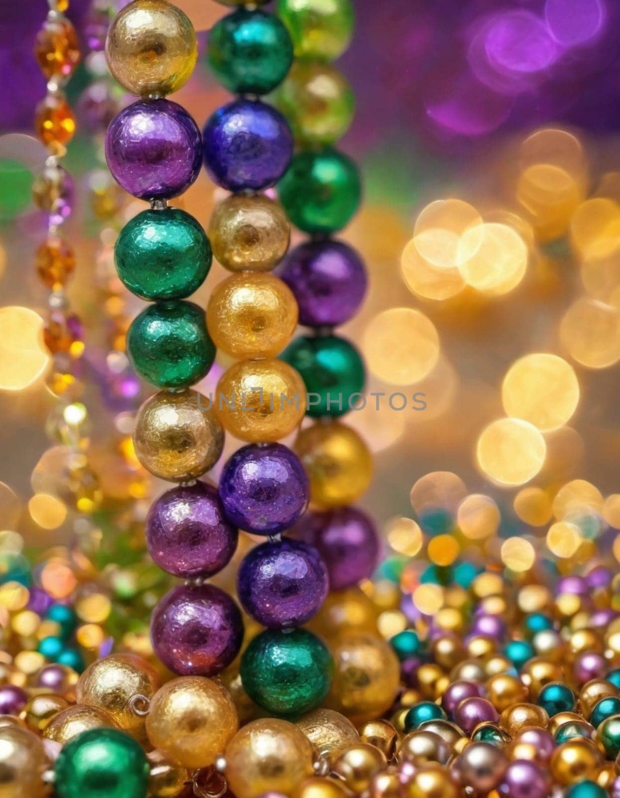 Colorful beads in purple, green, and gold create a festive atmosphere as they lay against a shimmering bokeh backdrop, embodying the joyful spirit of Mardi Gras festivities in New Orleans.
