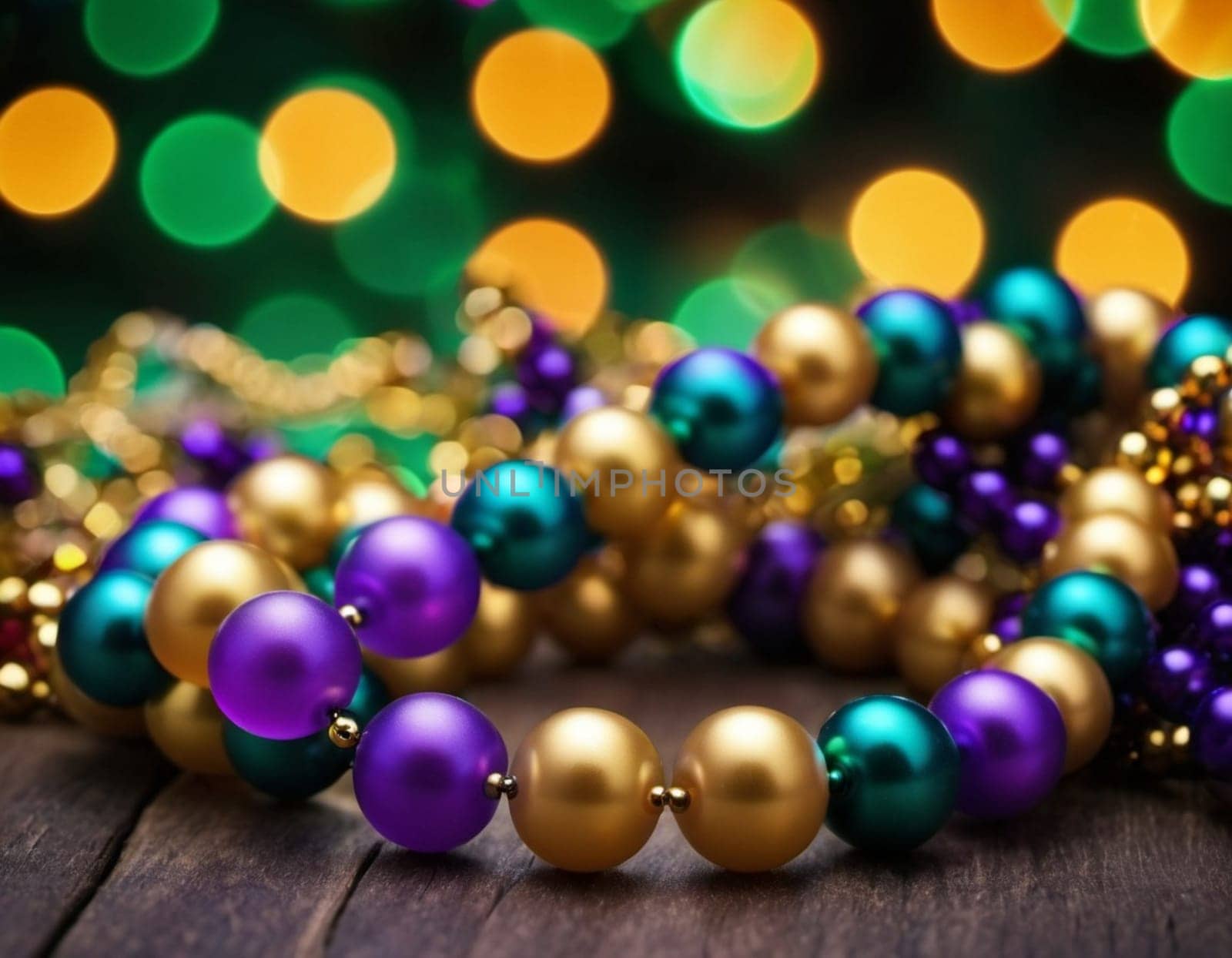 Colorful beads in purple, green, and gold create a festive atmosphere as they lay against a shimmering bokeh backdrop, embodying the joyful spirit of Mardi Gras festivities in New Orleans.