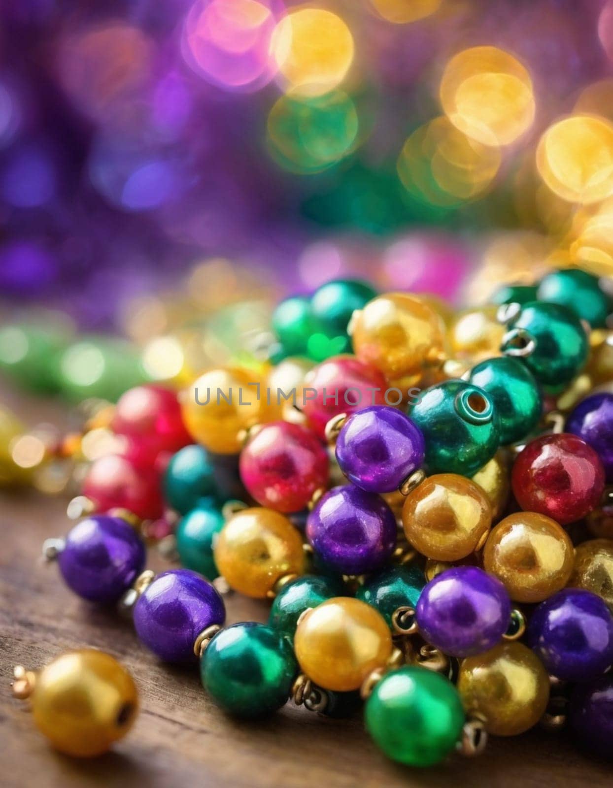 Colorful beads in purple, green, and gold create a festive atmosphere as they lay against a shimmering bokeh backdrop, embodying the joyful spirit of Mardi Gras festivities in New Orleans.