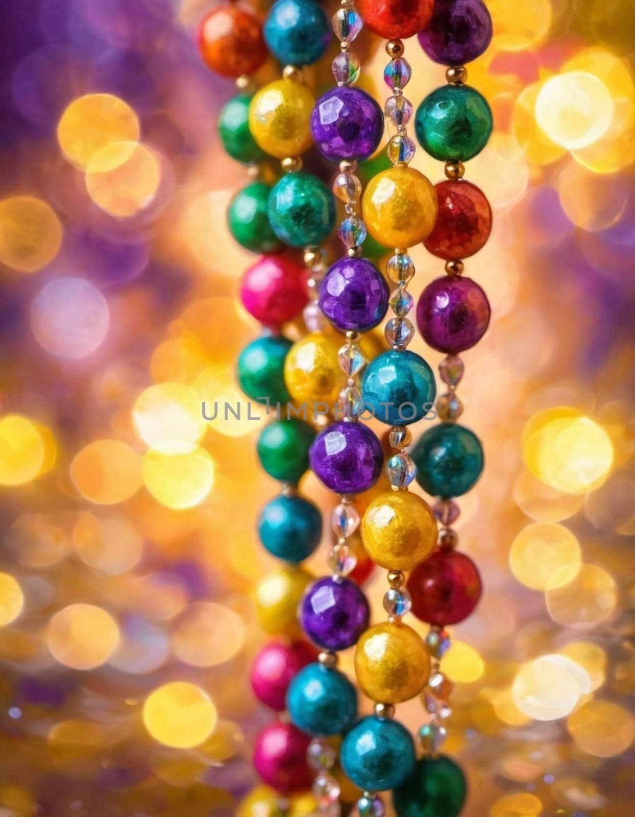 Colorful beads in purple, green, and gold create a festive atmosphere as they lay against a shimmering bokeh backdrop, embodying the joyful spirit of Mardi Gras festivities in New Orleans.