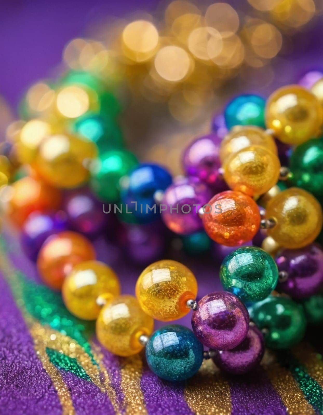 Colorful beads in purple, green, and gold create a festive atmosphere as they lay against a shimmering bokeh backdrop, embodying the joyful spirit of Mardi Gras festivities in New Orleans.