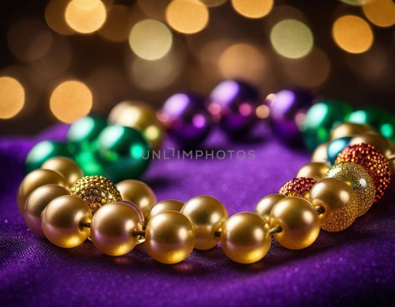 Colorful beads in purple, green, and gold create a festive atmosphere as they lay against a shimmering bokeh backdrop, embodying the joyful spirit of Mardi Gras festivities in New Orleans.
