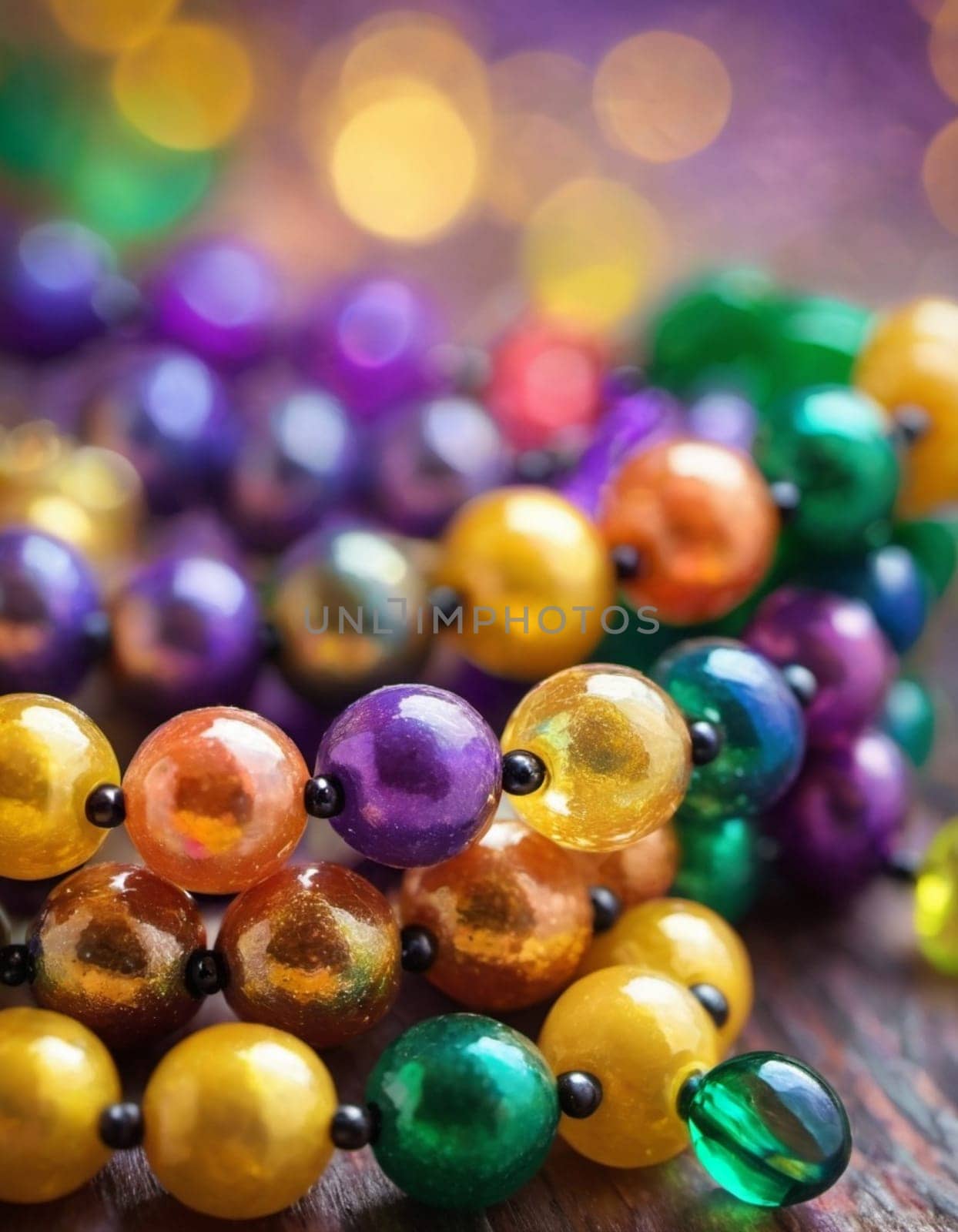 Colorful beads in purple, green, and gold create a festive atmosphere as they lay against a shimmering bokeh backdrop, embodying the joyful spirit of Mardi Gras festivities in New Orleans.