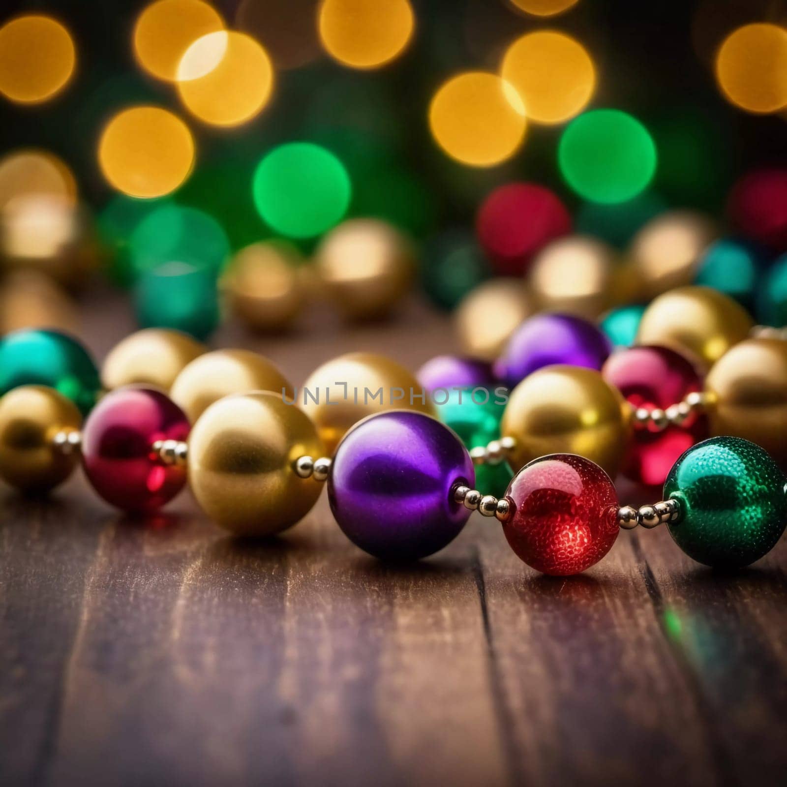 Colorful beads in purple, green, and gold create a festive atmosphere as they lay against a shimmering bokeh backdrop, embodying the joyful spirit of Mardi Gras festivities in New Orleans.