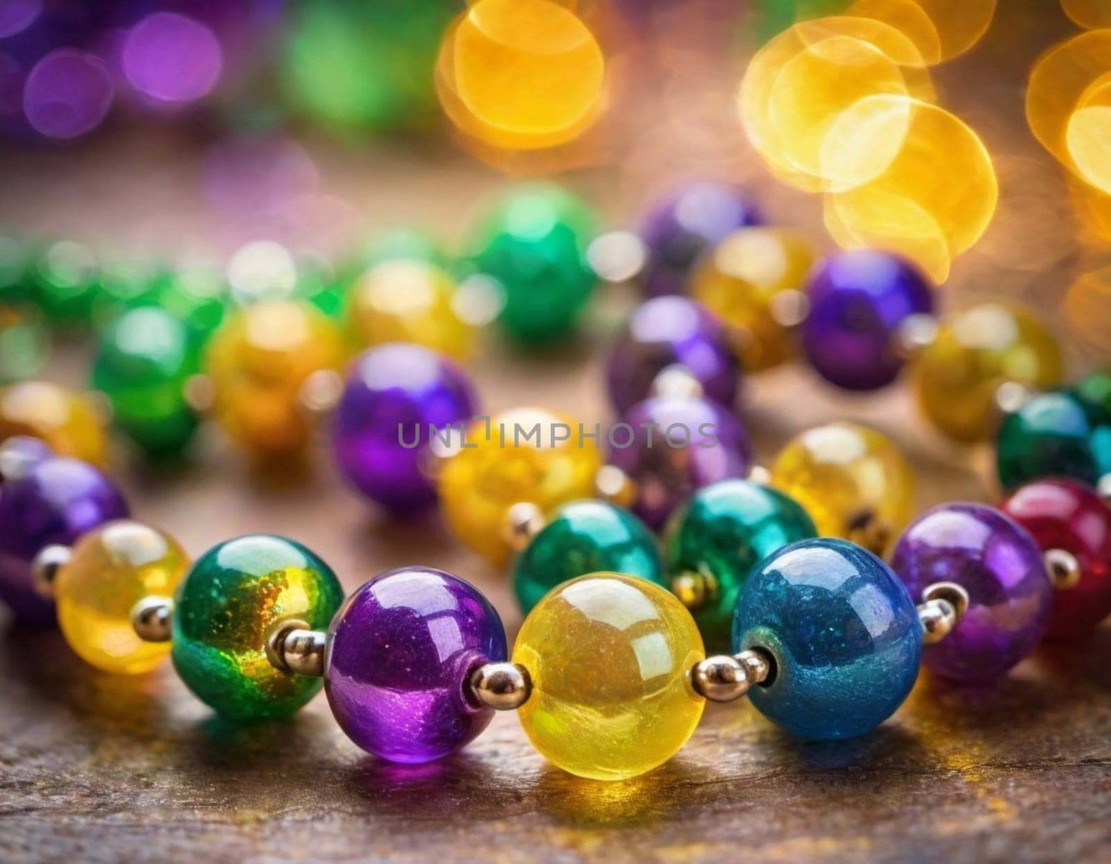 Colorful beads in purple, green, and gold create a festive atmosphere as they lay against a shimmering bokeh backdrop, embodying the joyful spirit of Mardi Gras festivities in New Orleans.