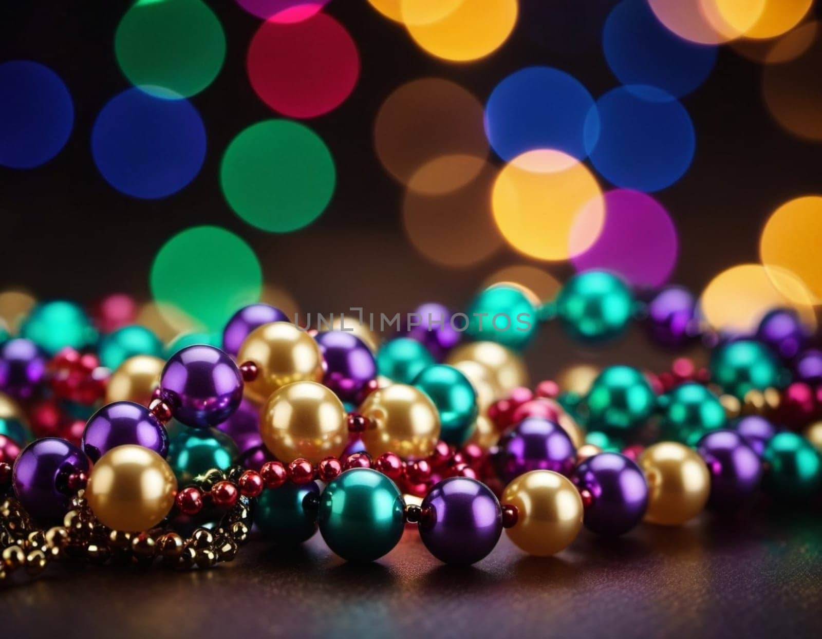 Colorful beads in purple, green, and gold create a festive atmosphere as they lay against a shimmering bokeh backdrop, embodying the joyful spirit of Mardi Gras festivities in New Orleans.