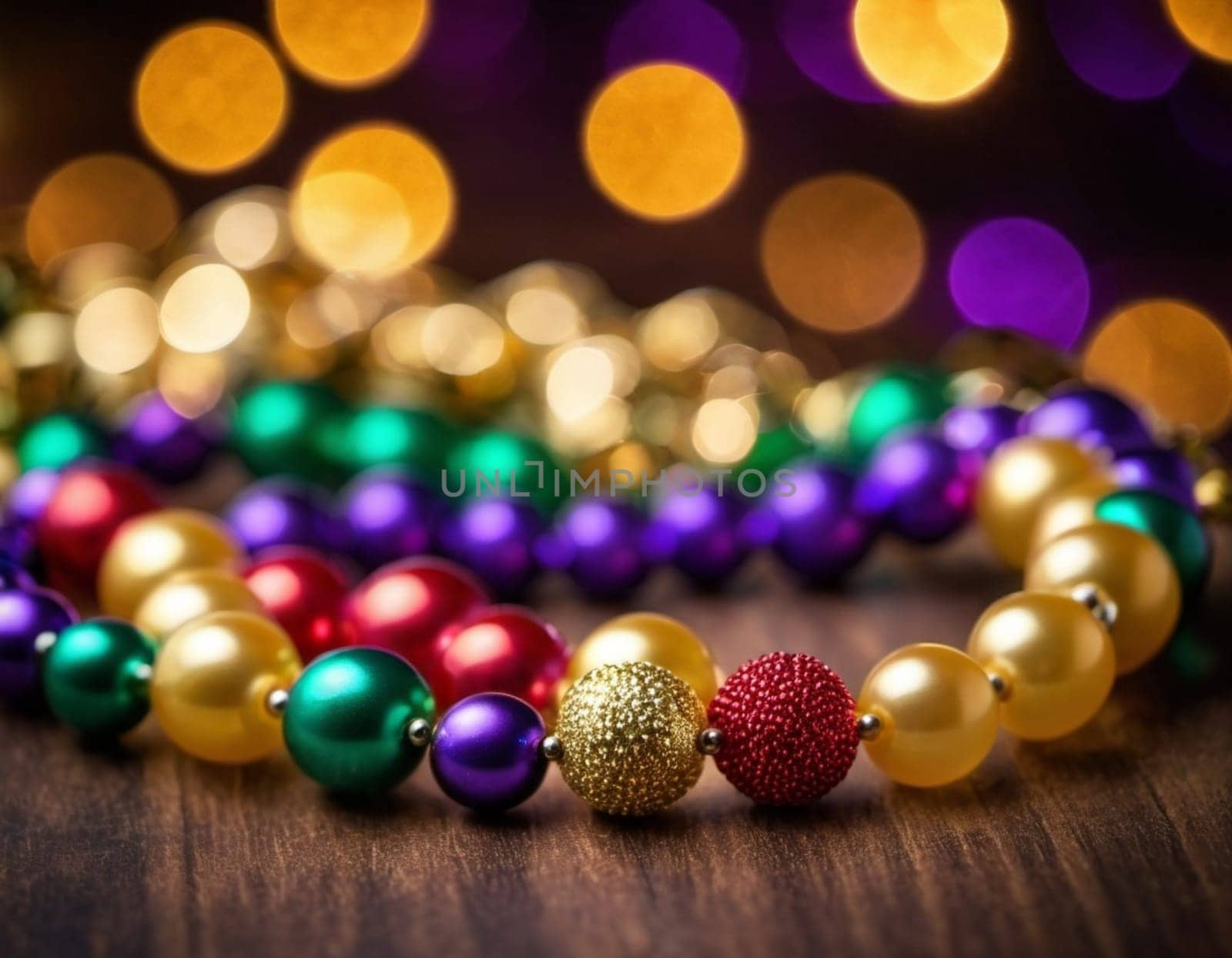 Colorful beads in purple, green, and gold create a festive atmosphere as they lay against a shimmering bokeh backdrop, embodying the joyful spirit of Mardi Gras festivities in New Orleans.