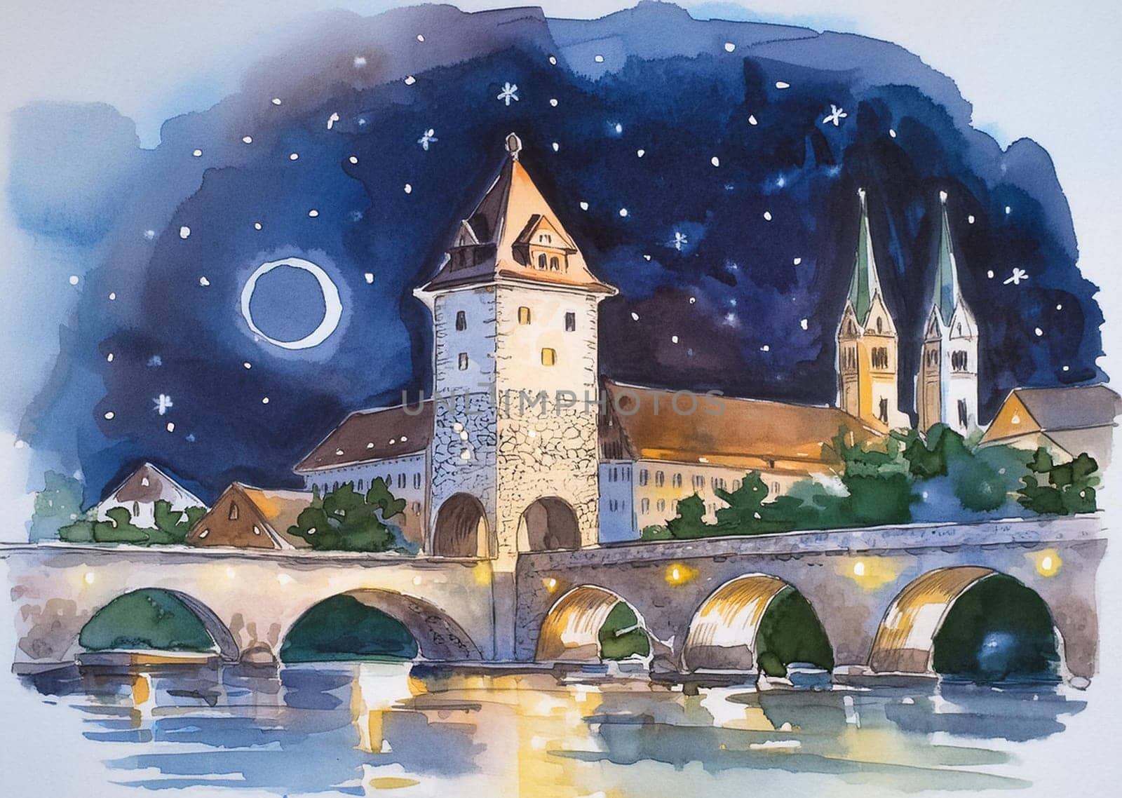 Typical German city landscape illustration as watercolor painting illustration. Stone bridge, river and church in winter time. Magical mood.