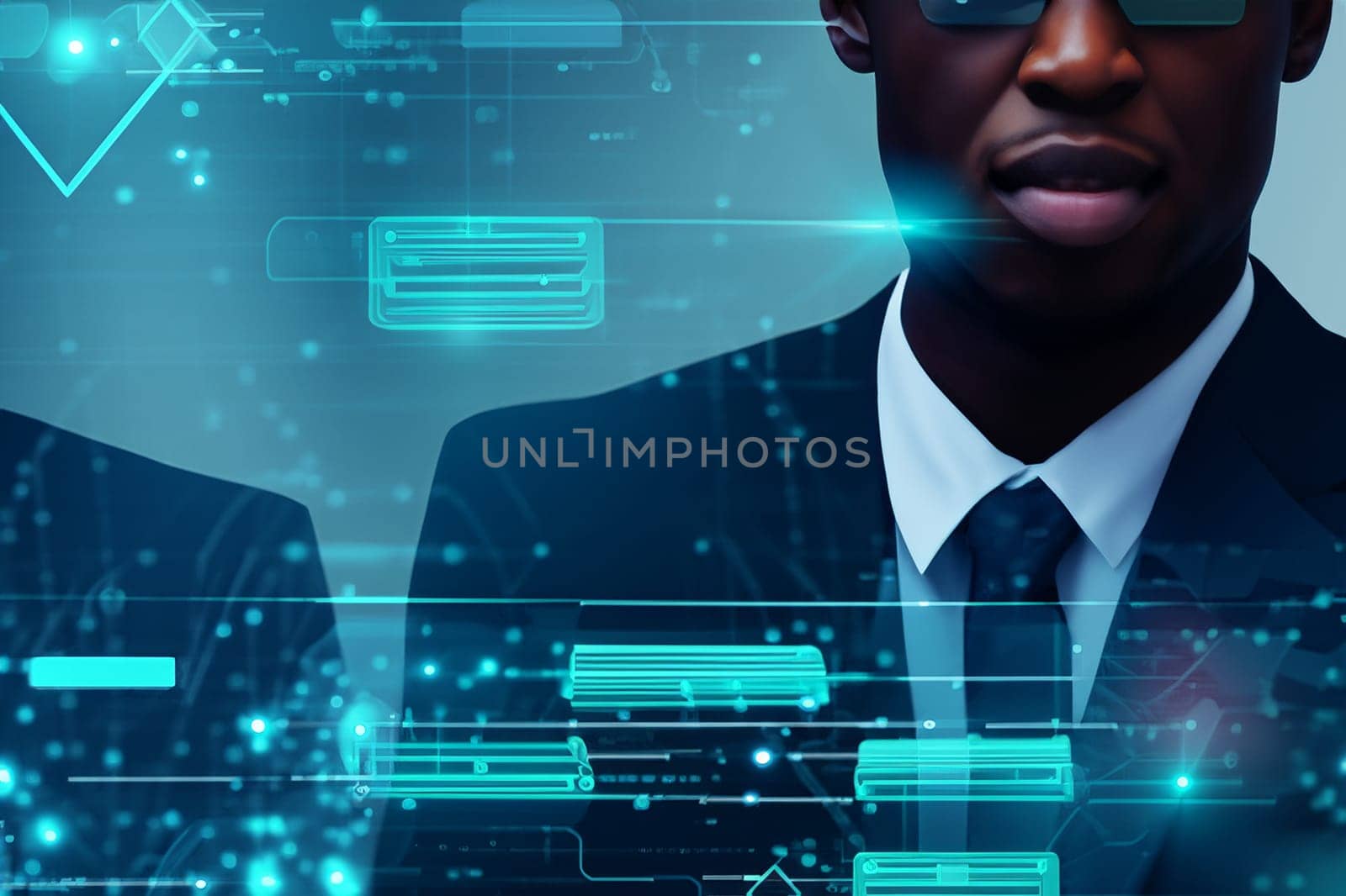 AI cyber security threat illustration, black african american male IT specialist analysing data information technology, augmented reality artificial intelligence collage, side profile, copy space