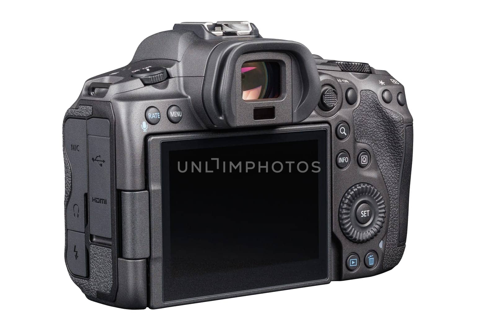 Canon R5 - black professional 35mm full-frame mirrorless camera body with flip screen isolated on white background with focus stacking - Tula, Russia, September 15, 2021