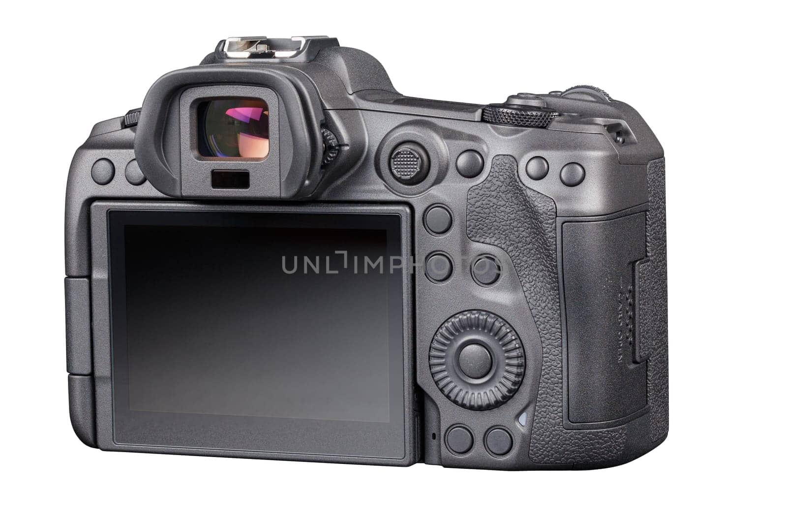 black 2020s professional 35mm full-frame mirrorless camera body with flip screen isolated on white background, rear view