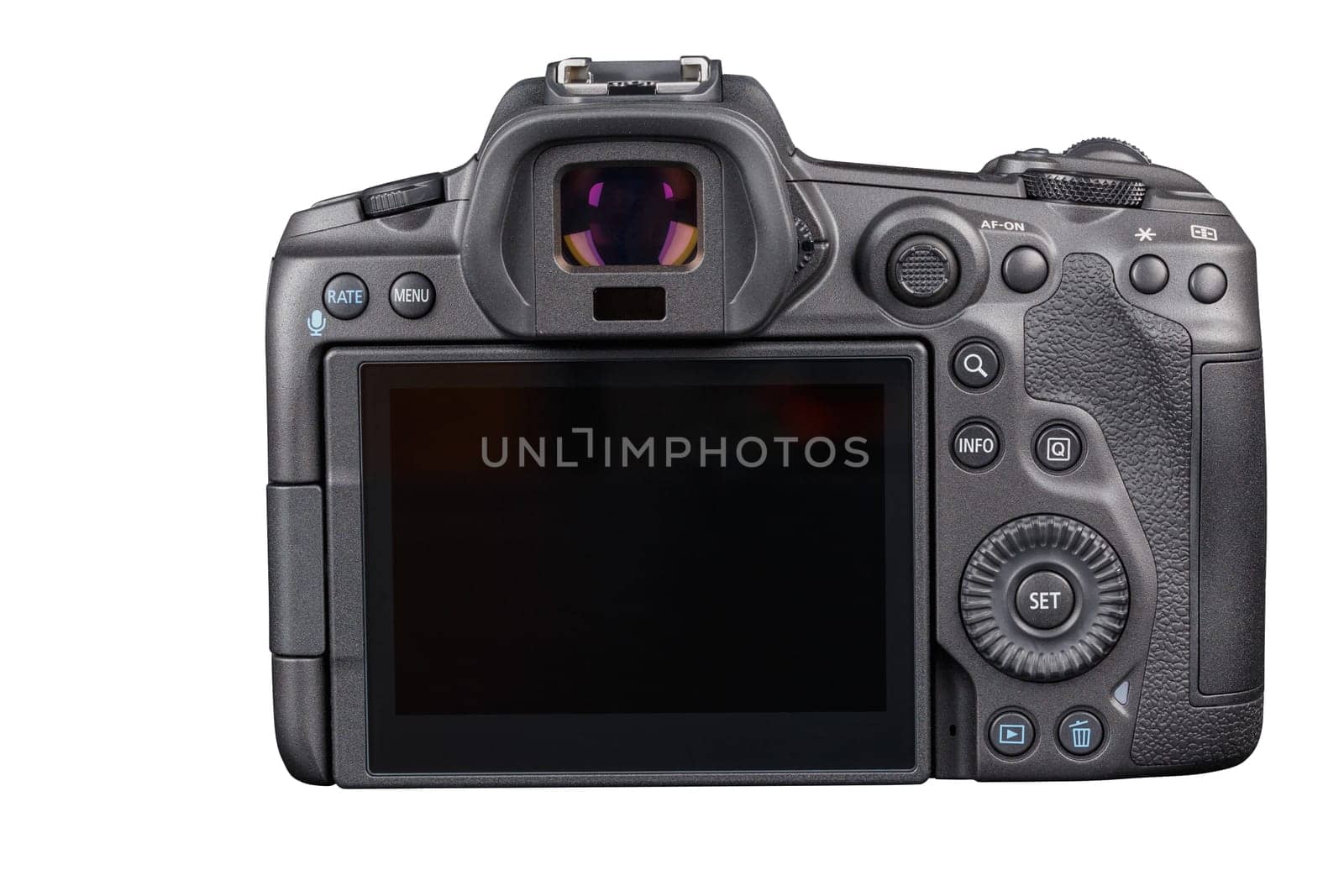 Canon R5 - black professional 35mm full-frame mirrorless camera body with flip screen isolated on white background with focus stacking - Tula, Russia, September 15, 2021