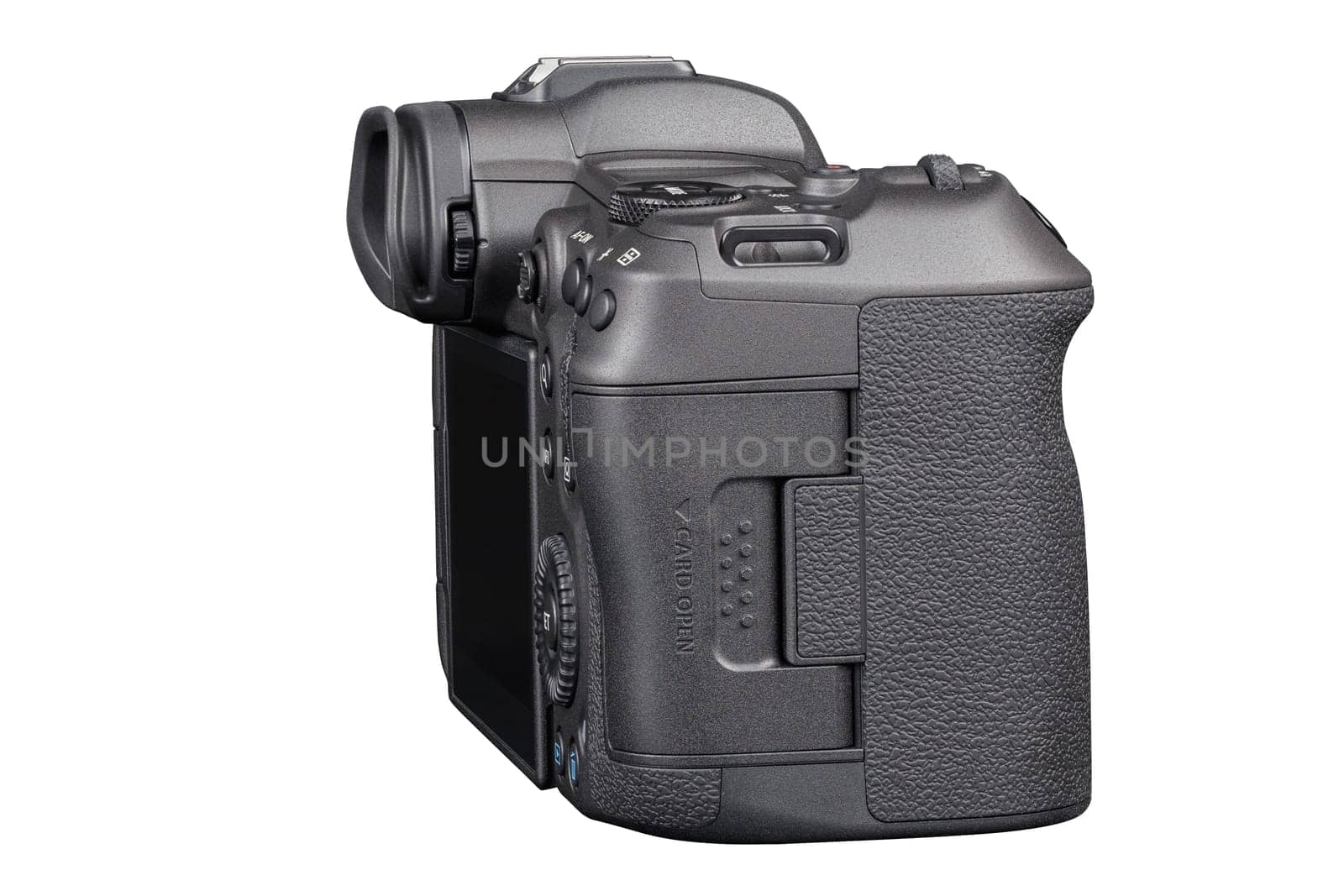 Canon R5 - black professional 35mm full-frame mirrorless camera body with flip screen isolated on white background with focus stacking - Tula, Russia, September 15, 2021