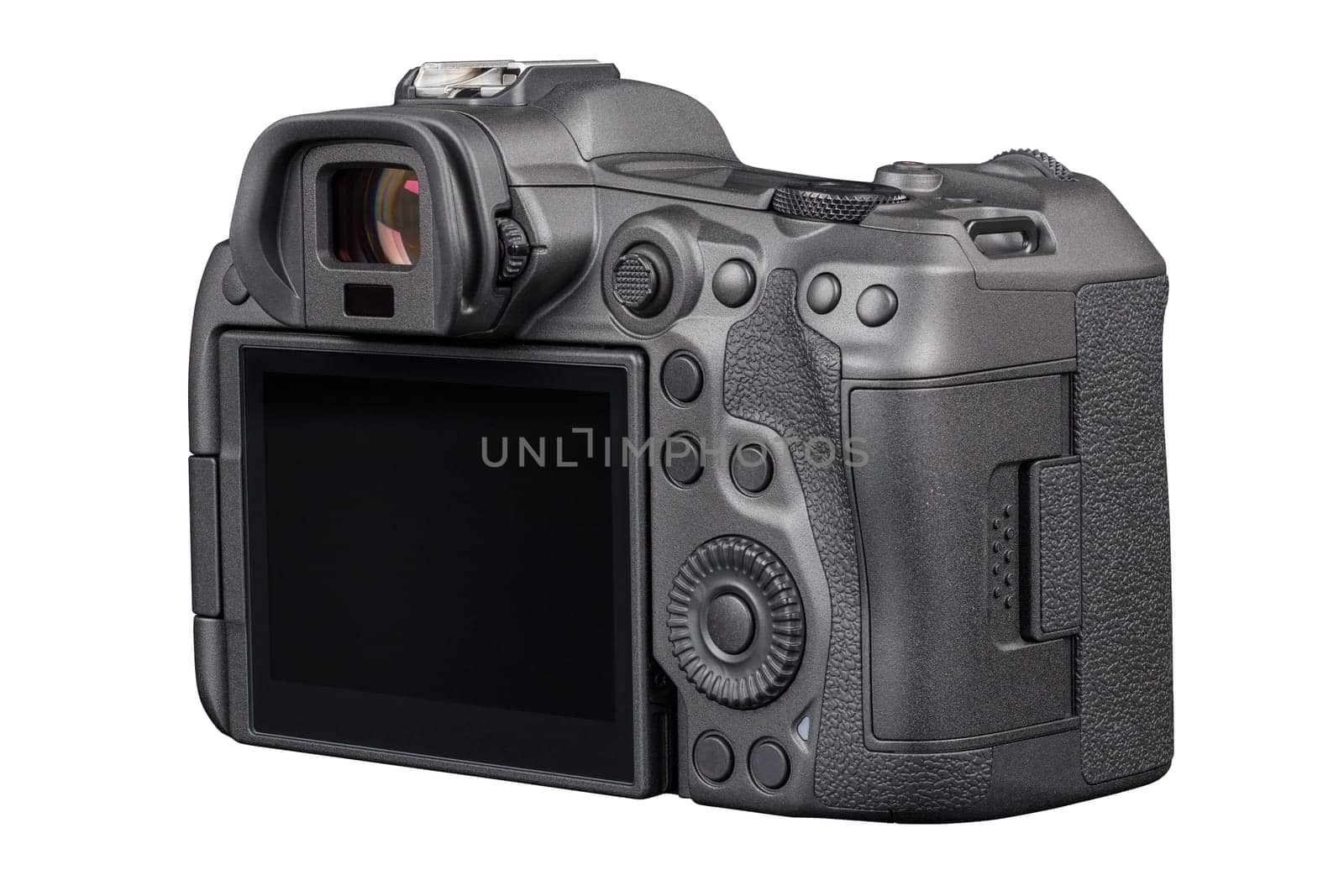 black 2020s professional 35mm full-frame mirrorless camera body with flip screen isolated on white background.