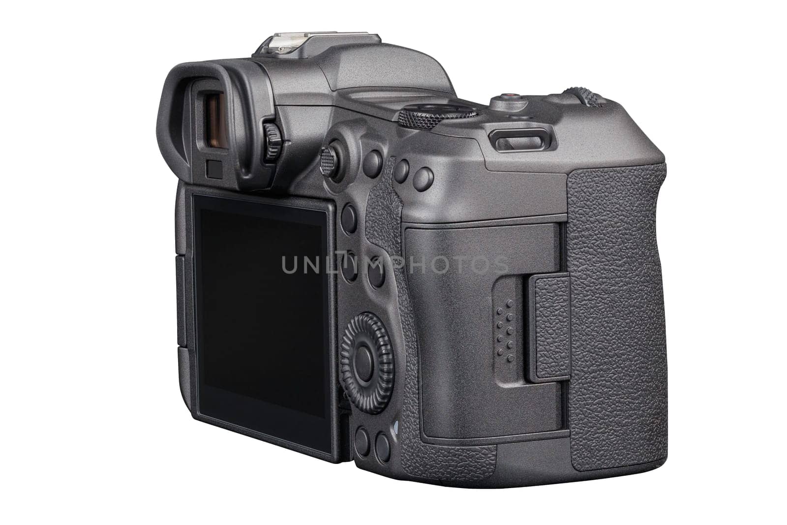 black 2020s professional 35mm full-frame mirrorless camera body with flip screen isolated on white background.