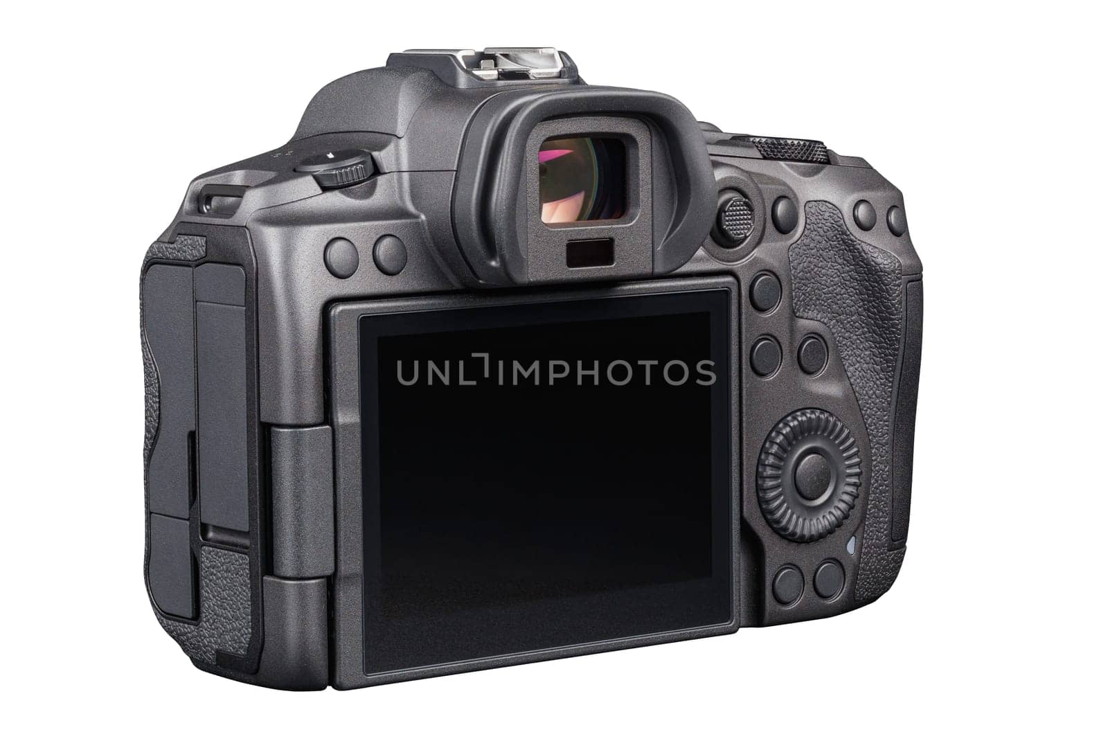 black 2020s professional 35mm full-frame mirrorless camera body with flip screen isolated on white background, rear view