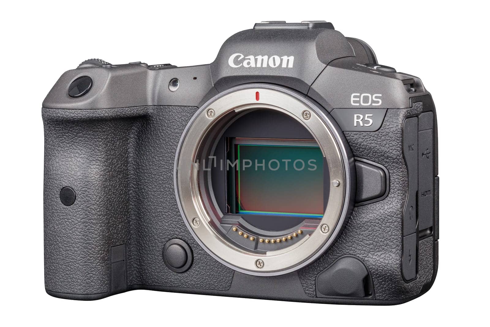 Canon R5 - black professional 35mm full-frame mirrorless camera body with flip screen isolated on white background with focus stacking - Tula, Russia, September 15, 2021