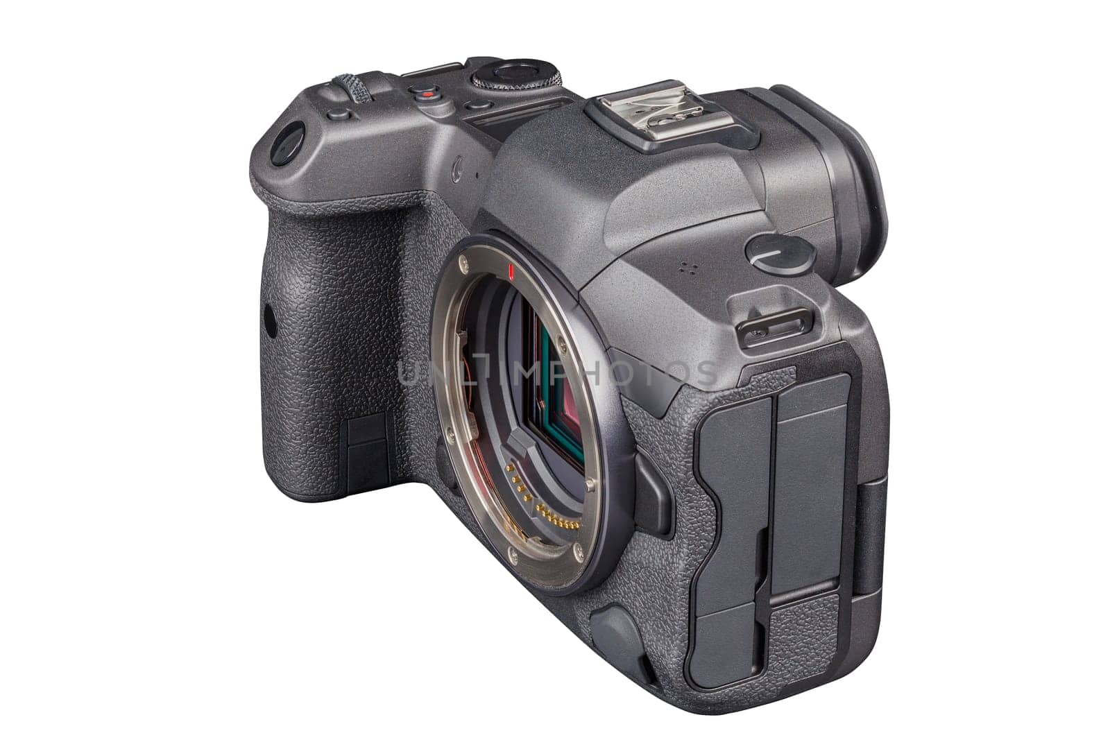 black 2020s professional 35mm full-frame mirrorless camera body with flip screen isolated on white background.