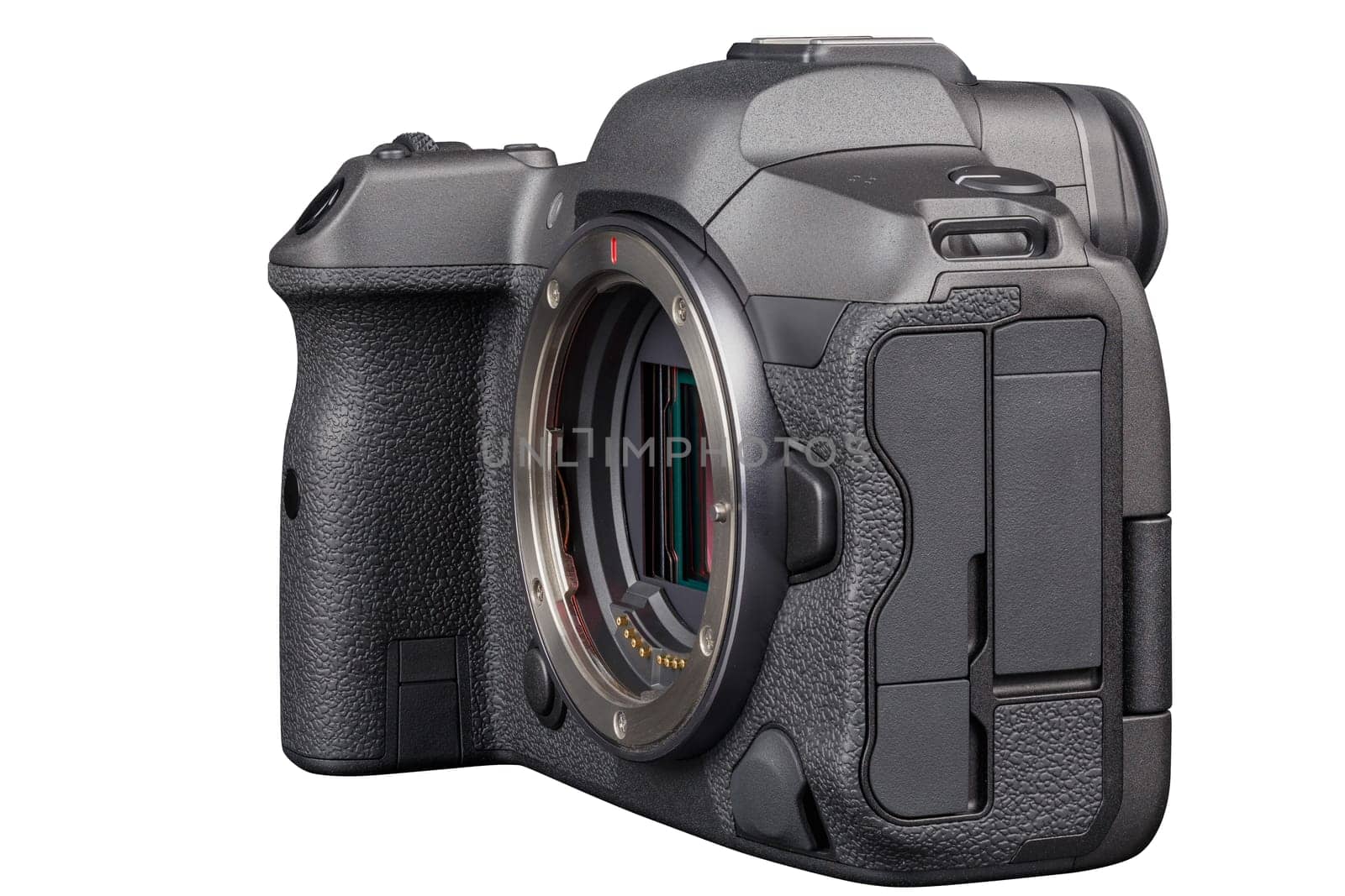 black 2020s professional 35mm full-frame mirrorless camera body with flip screen isolated on white background.