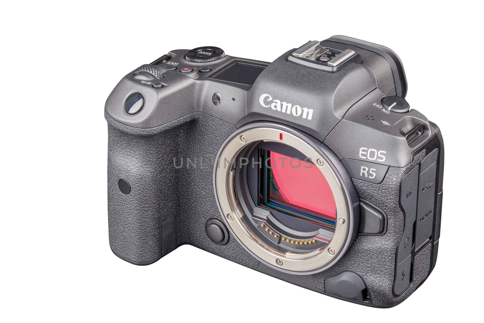 Canon R5 - black professional 35mm full-frame mirrorless camera body with flip screen isolated on white background with focus stacking - Tula, Russia, September 15, 2021
