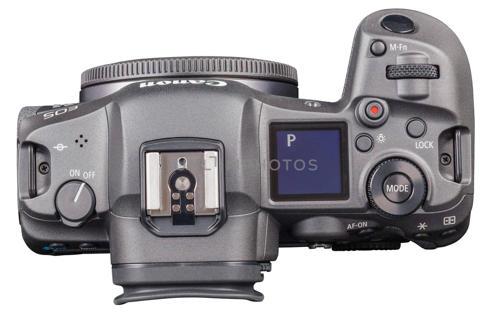 Canon R5 - black professional 35mm full-frame mirrorless camera body with flip screen isolated on white background with focus stacking - Tula, Russia, September 15, 2021