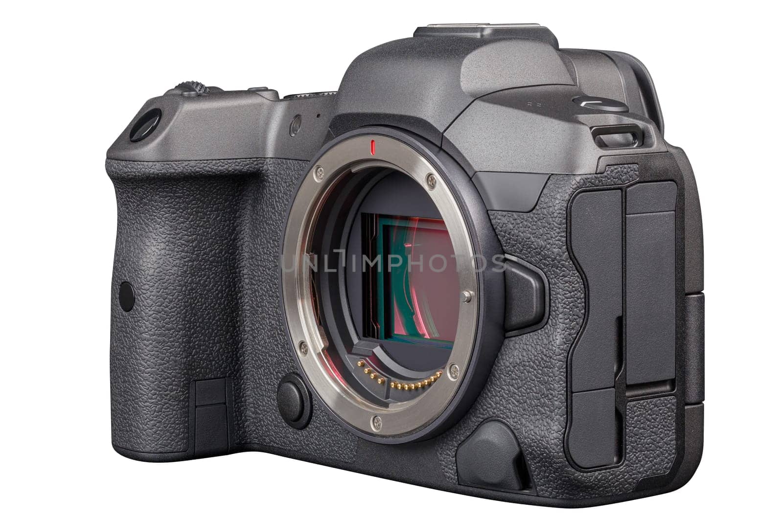 black 2020s professional 35mm full-frame mirrorless camera body with flip screen isolated on white background.