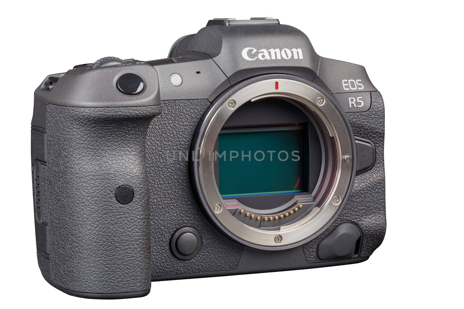 Canon R5 - black professional 35mm full-frame mirrorless camera body with flip screen isolated on white background with focus stacking - Tula, Russia, September 15, 2021
