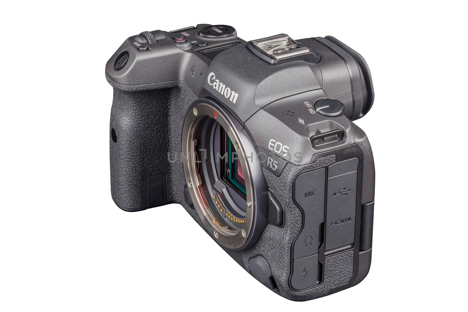 Canon R5 - black professional 35mm full-frame mirrorless camera body with flip screen isolated on white background with focus stacking - Tula, Russia, September 15, 2021