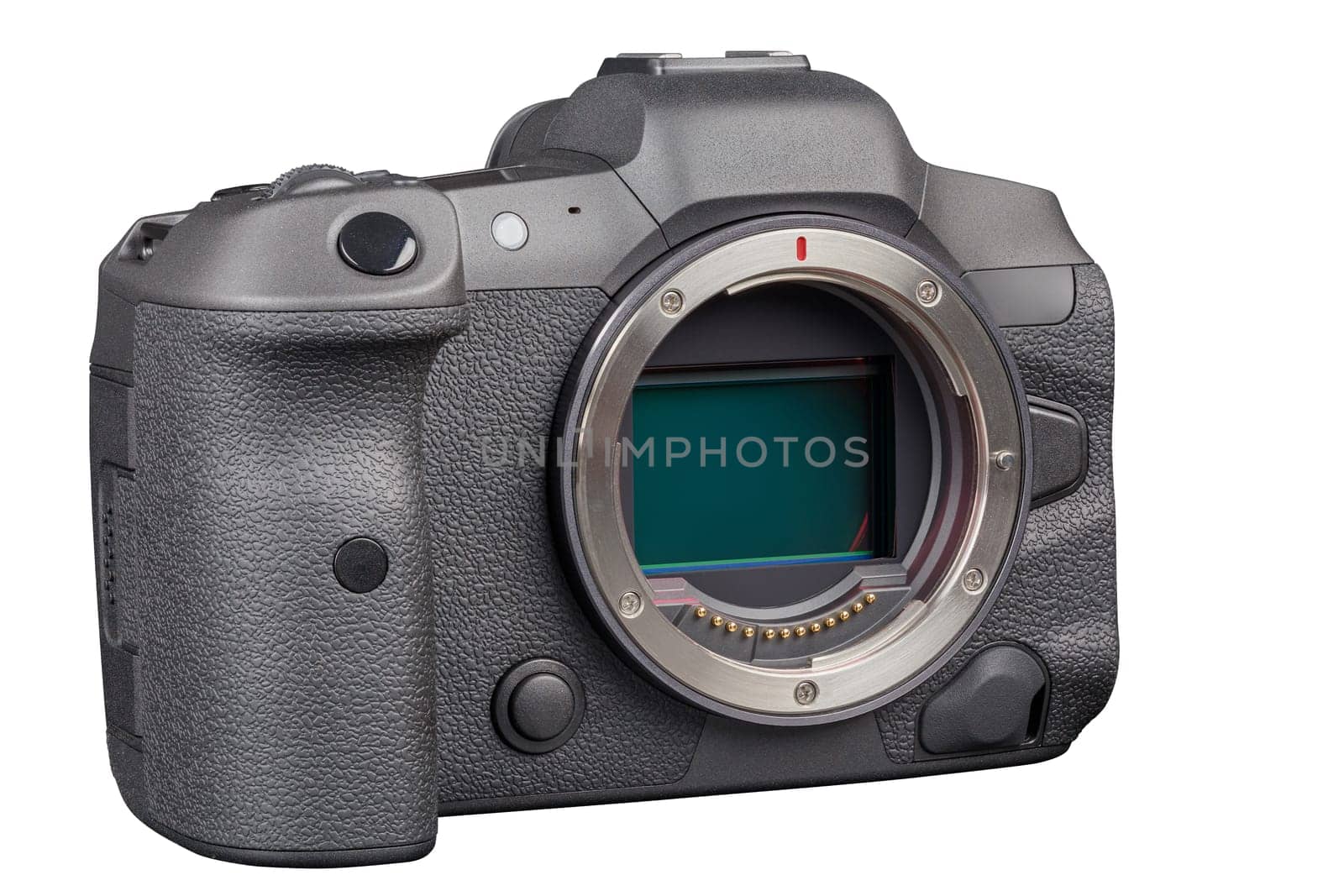 black 2020s professional 35mm full-frame mirrorless camera body with flip screen isolated on white background.