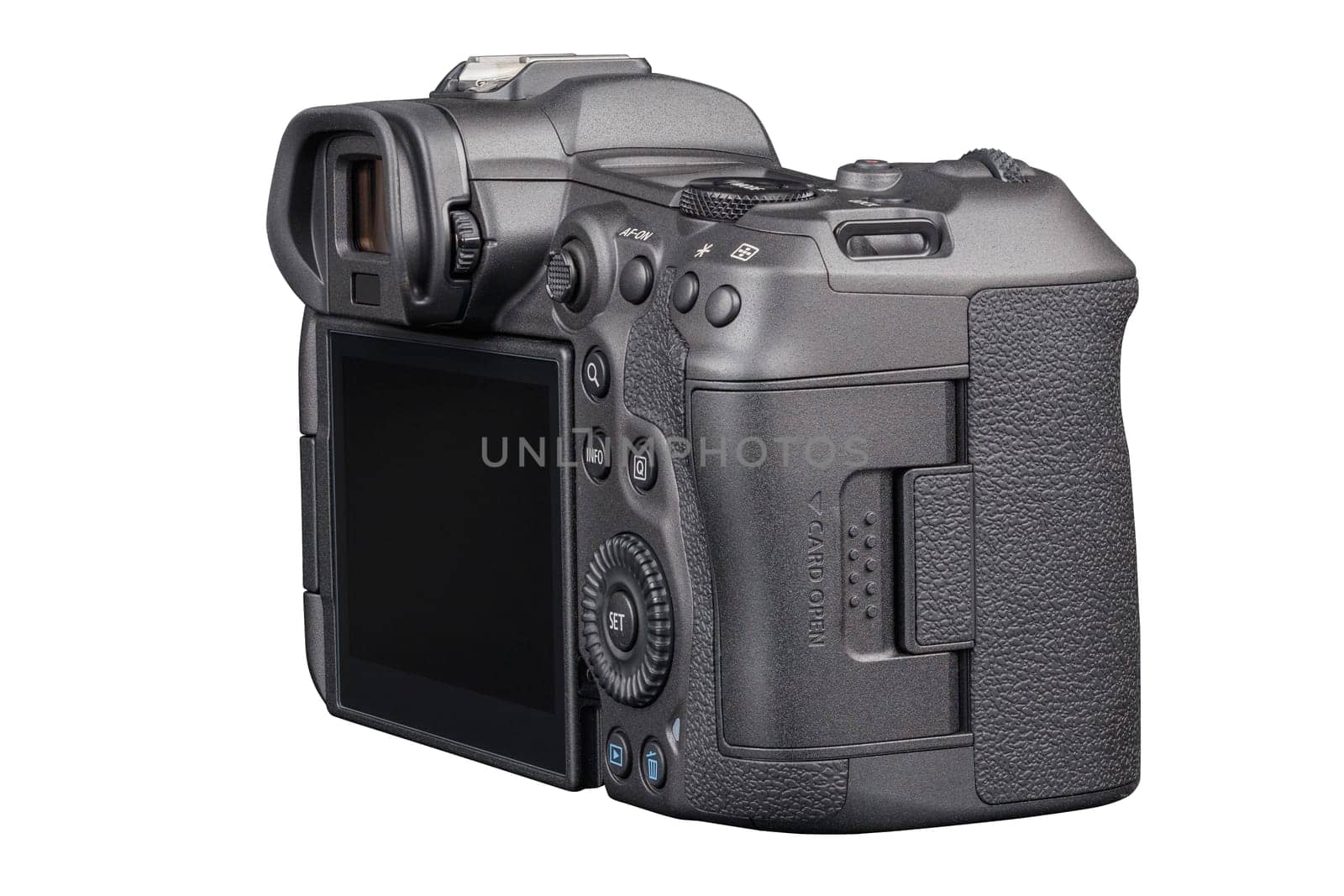 Canon R5 - black professional 35mm full-frame mirrorless camera body with flip screen isolated on white background with focus stacking - Tula, Russia, September 15, 2021