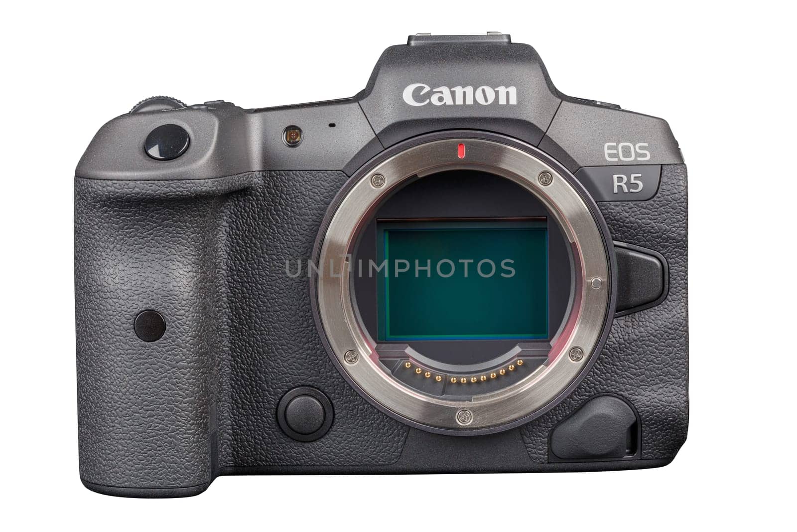 Canon R5 - black professional 35mm full-frame mirrorless camera body with flip screen isolated on white background with focus stacking - Tula, Russia, September 15, 2021
