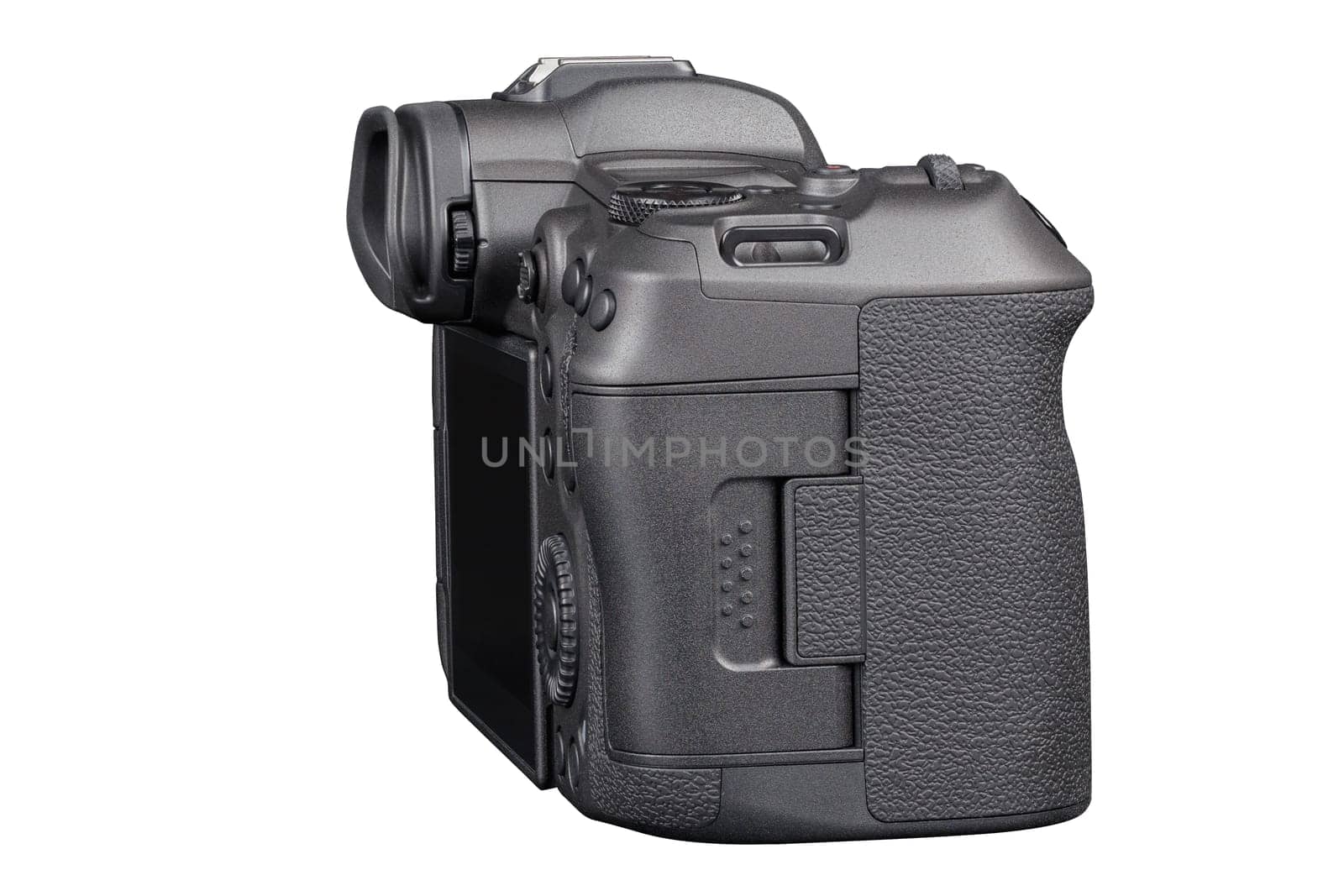 black 2020s professional 35mm full-frame mirrorless camera body with flip screen isolated on white background.