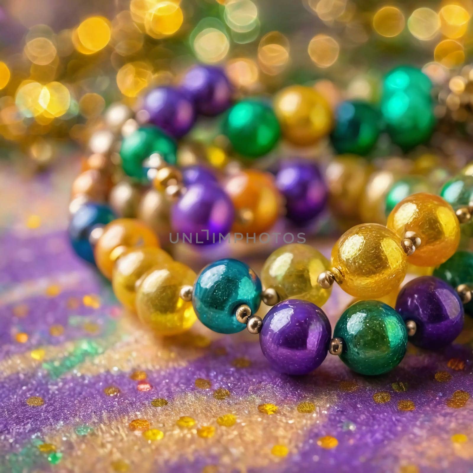 Colorful beads in purple, green, and gold create a festive atmosphere as they lay against a shimmering bokeh backdrop, embodying the joyful spirit of Mardi Gras festivities in New Orleans.