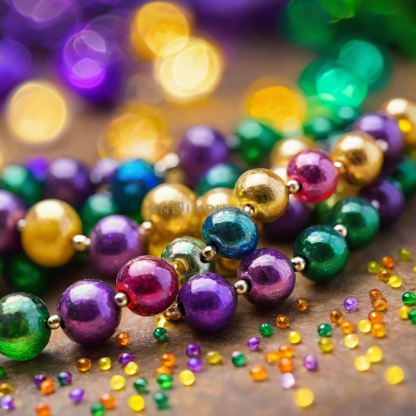 Colorful beads in purple, green, and gold create a festive atmosphere as they lay against a shimmering bokeh backdrop, embodying the joyful spirit of Mardi Gras festivities in New Orleans.