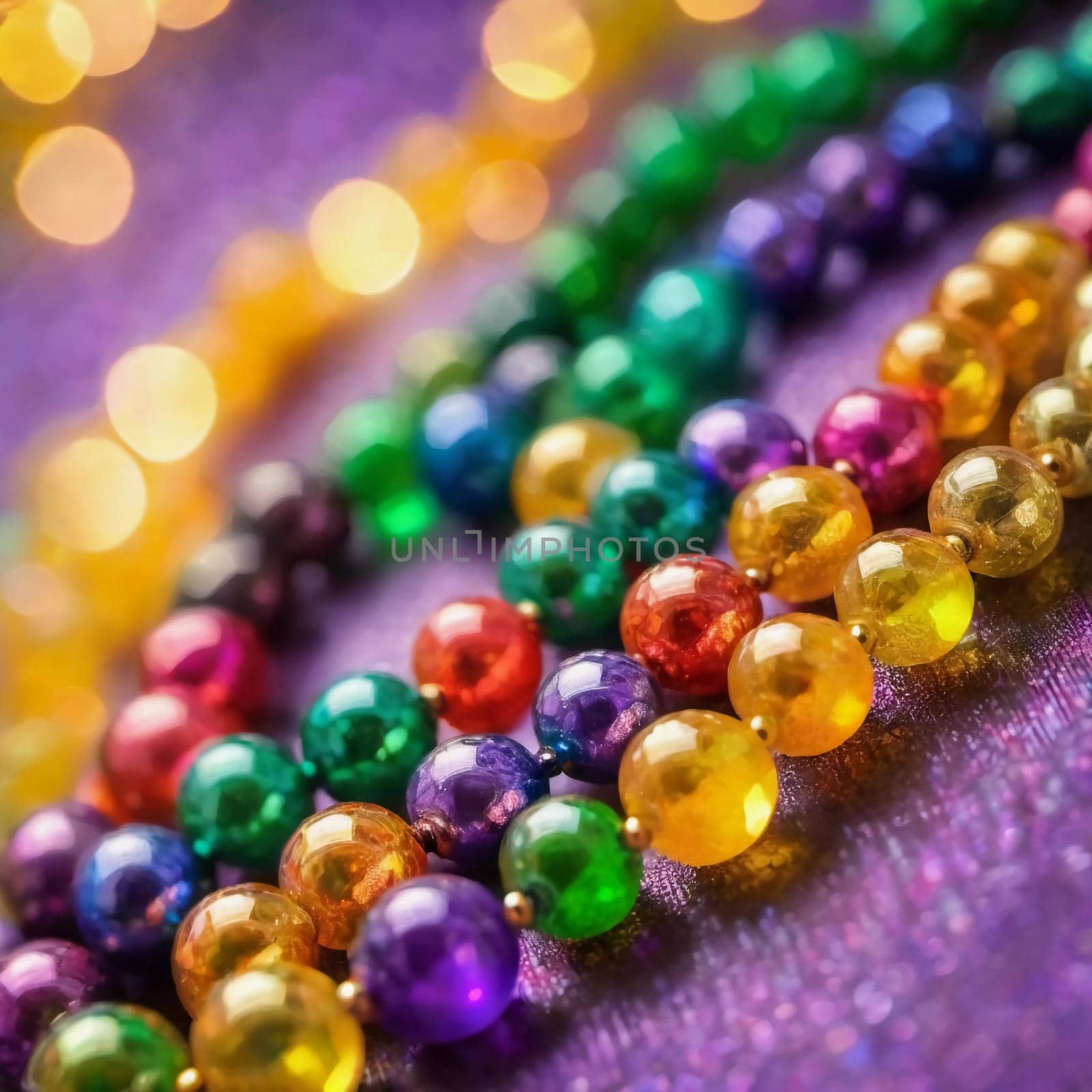 Colorful beads in purple, green, and gold create a festive atmosphere as they lay against a shimmering bokeh backdrop, embodying the joyful spirit of Mardi Gras festivities in New Orleans.