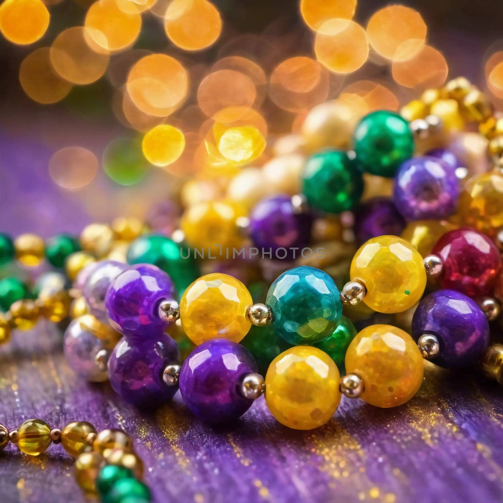 Colorful beads in purple, green, and gold create a festive atmosphere as they lay against a shimmering bokeh backdrop, embodying the joyful spirit of Mardi Gras festivities in New Orleans.