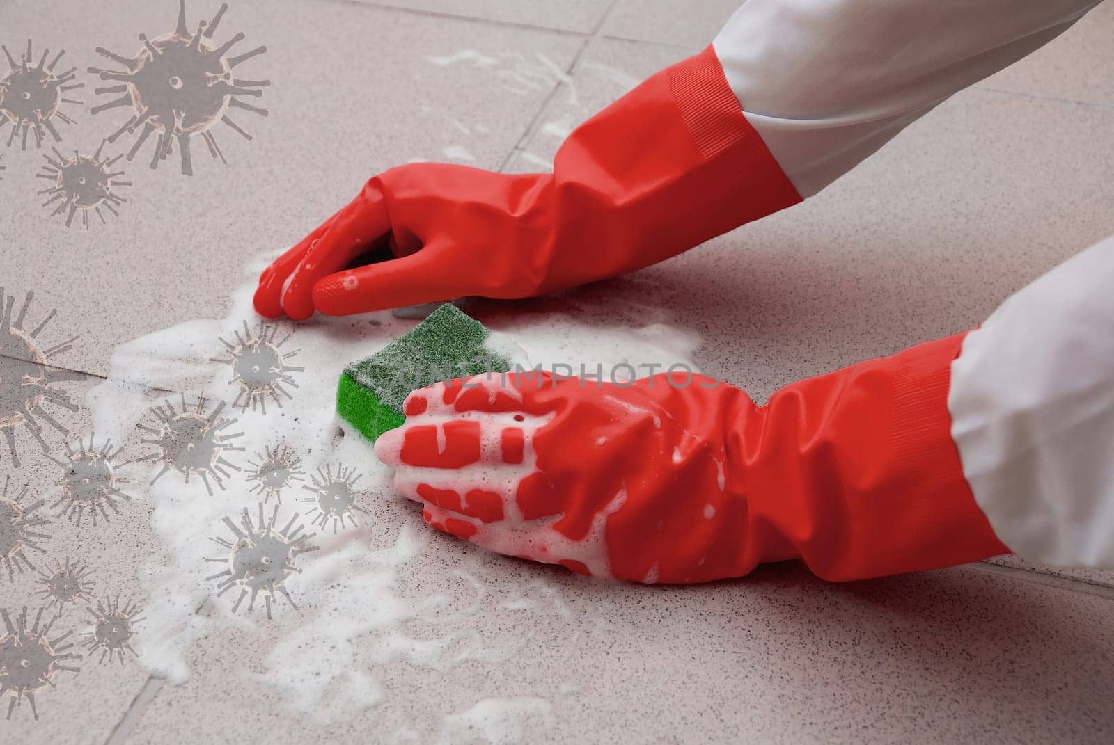 Protecting hand from detergents and viruses, washing floor by cleaning sponge, prevention COVID-19