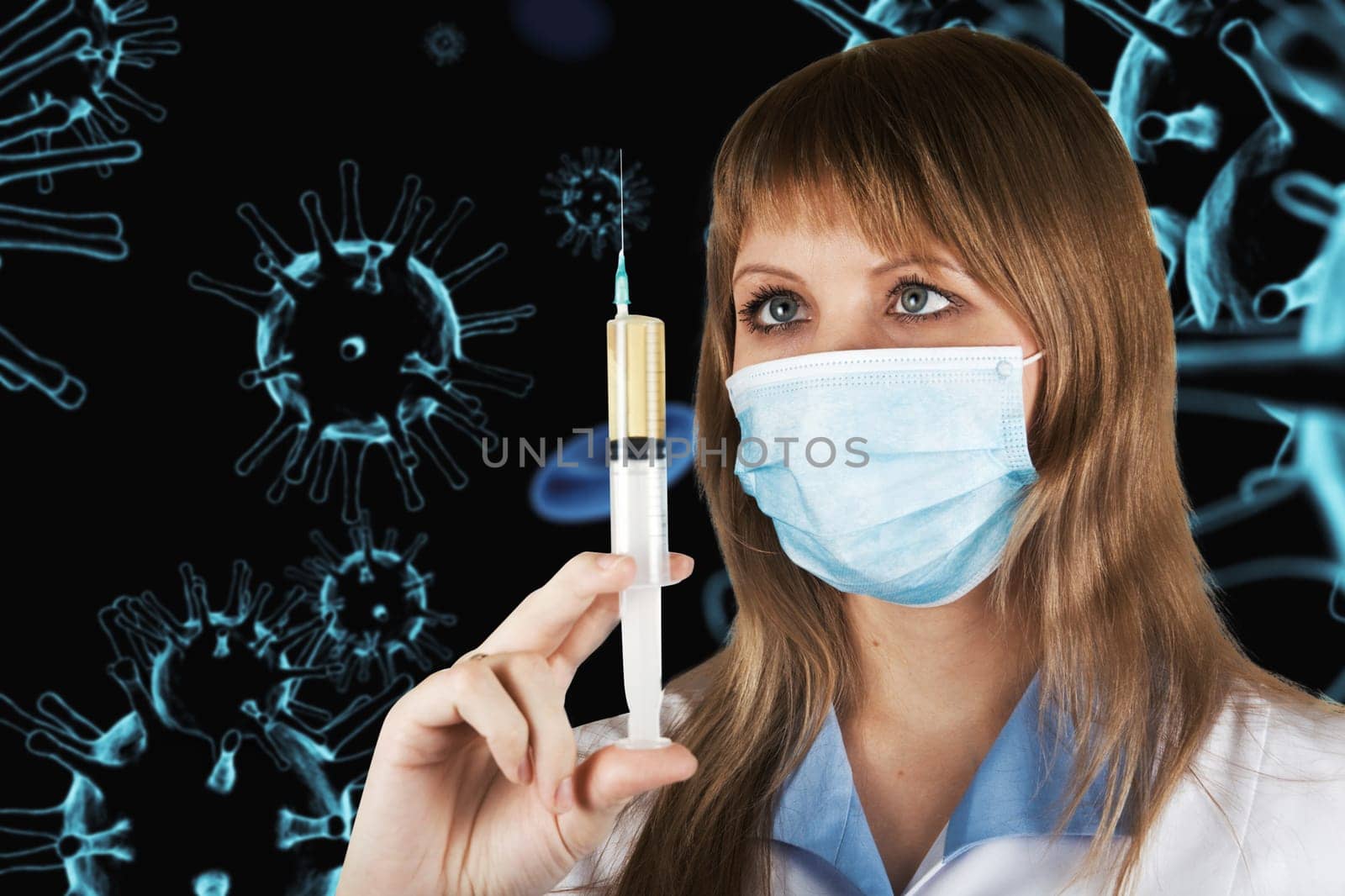 Female doctor with medical mask on COVID-19 3d generated background. Concept of corona virus.