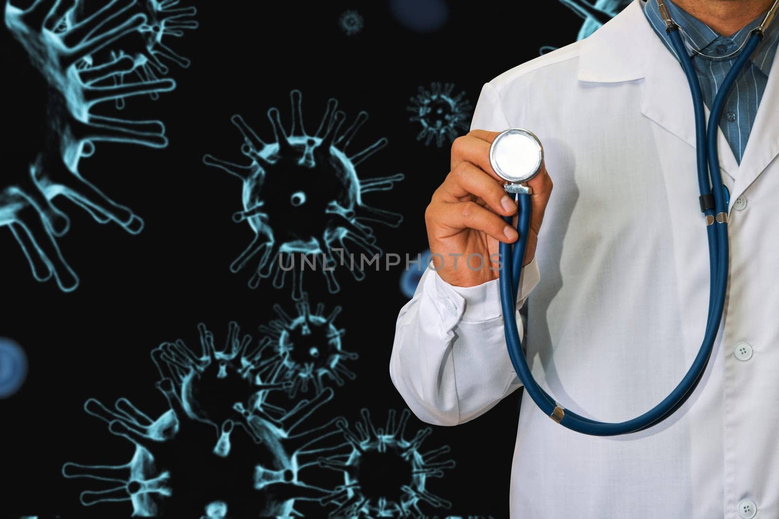 Male doctor on 3d generated COVID-19 background. Concept of corona virus.