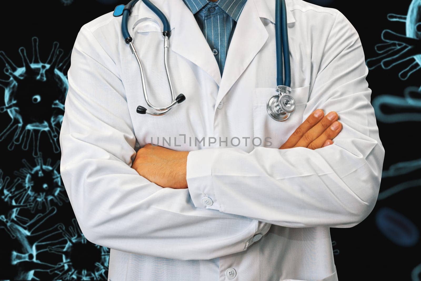 Male doctor on 3d generated COVID-19 background. Concept of corona virus.